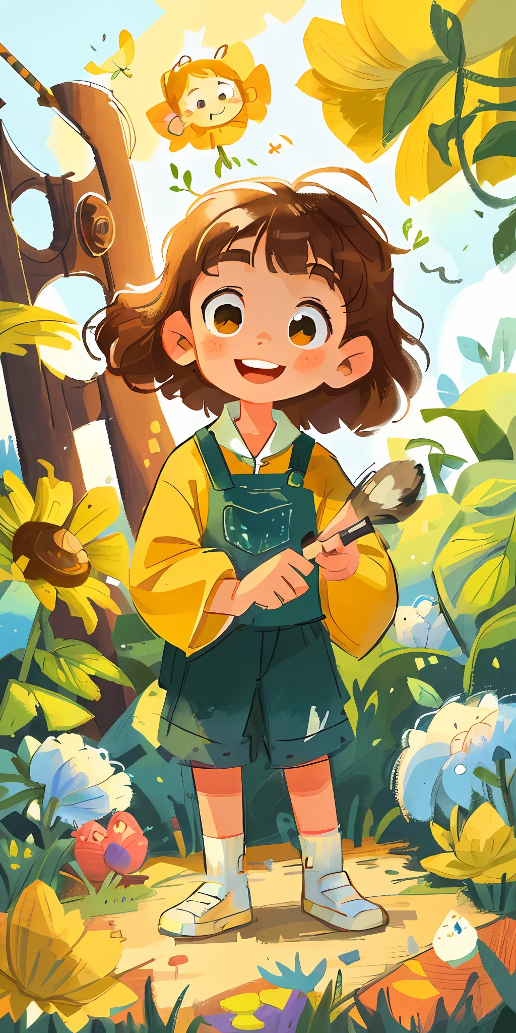 A little little girl with a wide smile holding a painting brush that glows! it is surrounded by many colored pencils, brushes and paints of many colors, warm sun sprinkling over it, adding to the playful atmosphere, --v6