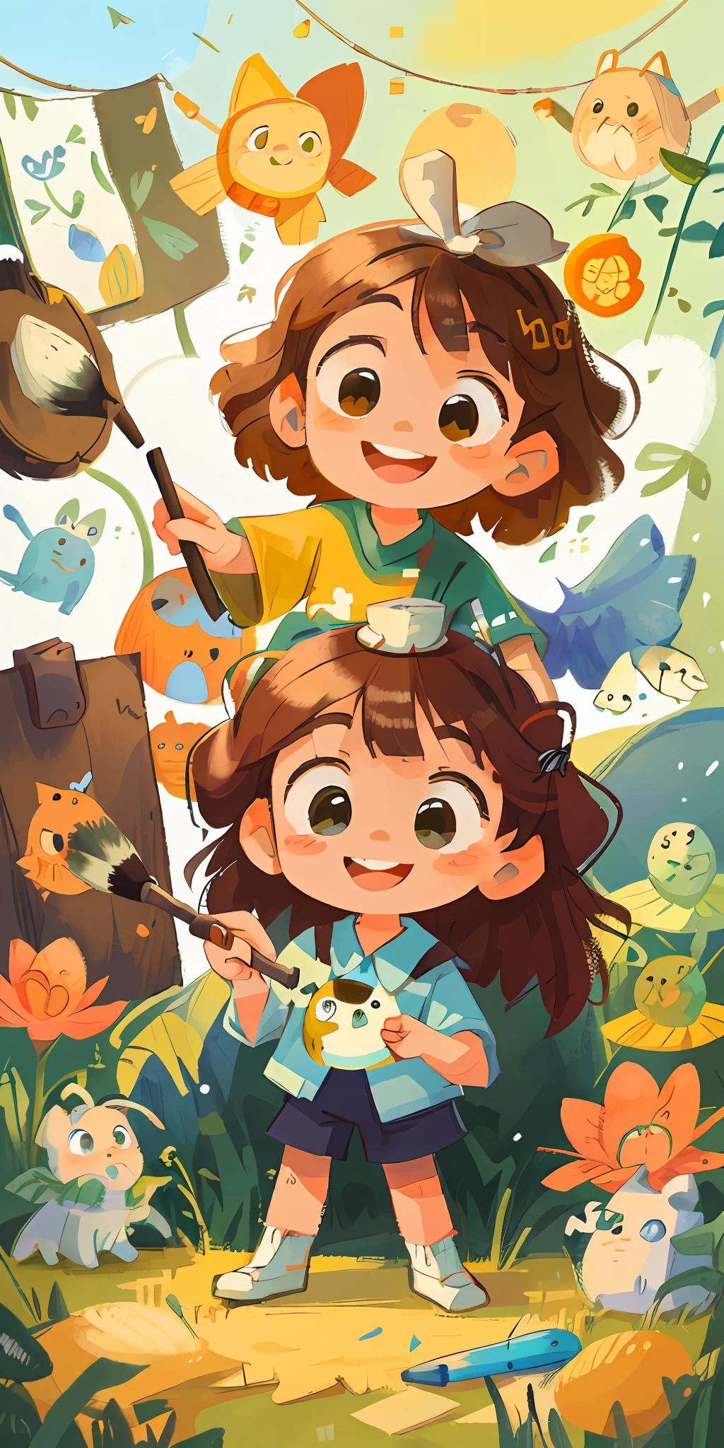 A  with a wide smile holding a painting brush that glows! it is surrounded by many colored pencils, brushes and paints of many colors, warm sun sprinkling over it, adding to the playful atmosphere, --v6