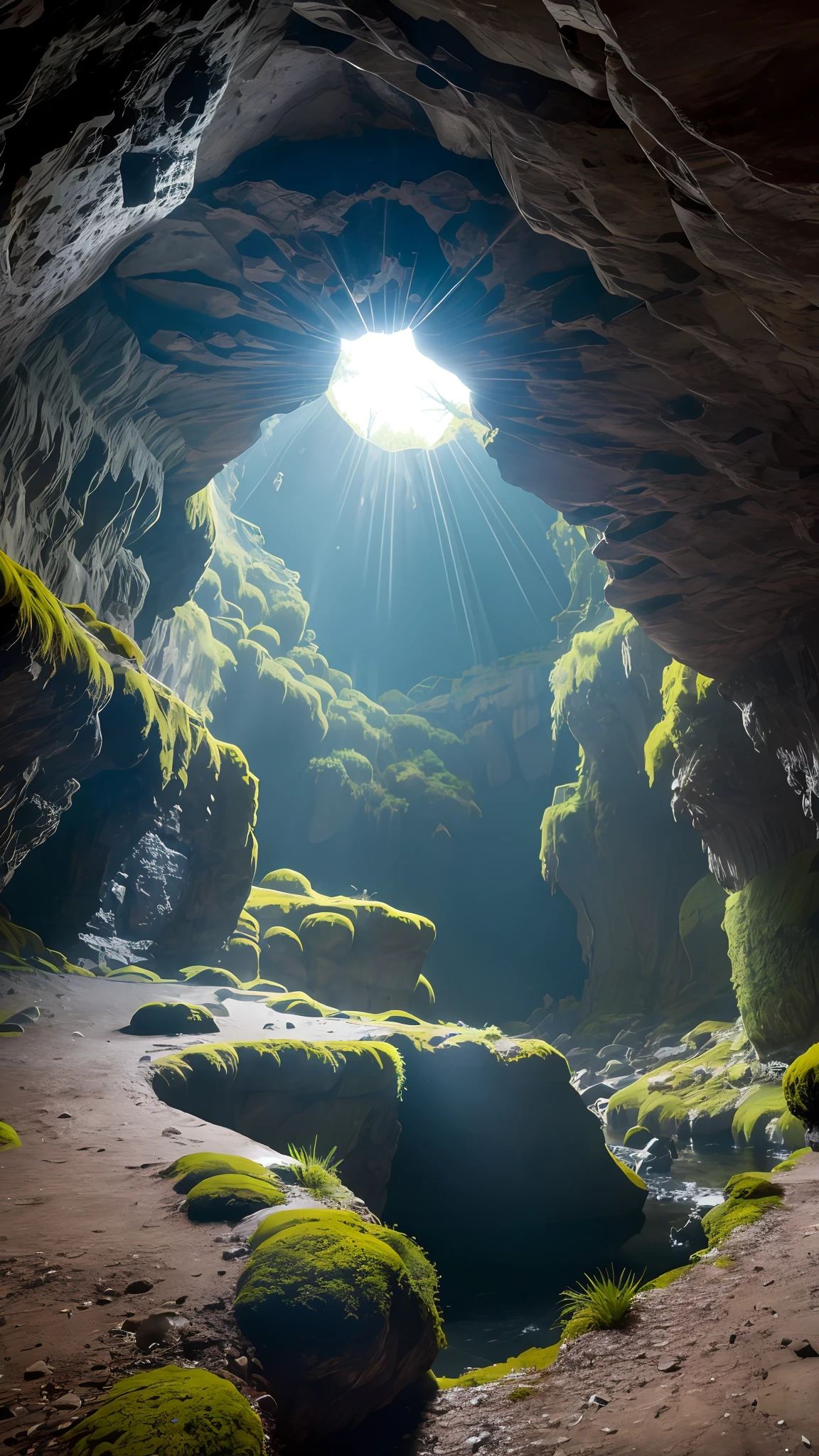 Dark caves,Side lens,Lots of space,rock,moss,Fewer plants,Tyndall light shines down from the top,high-definition,Lots of detail,The ultra-Realistically,colourful