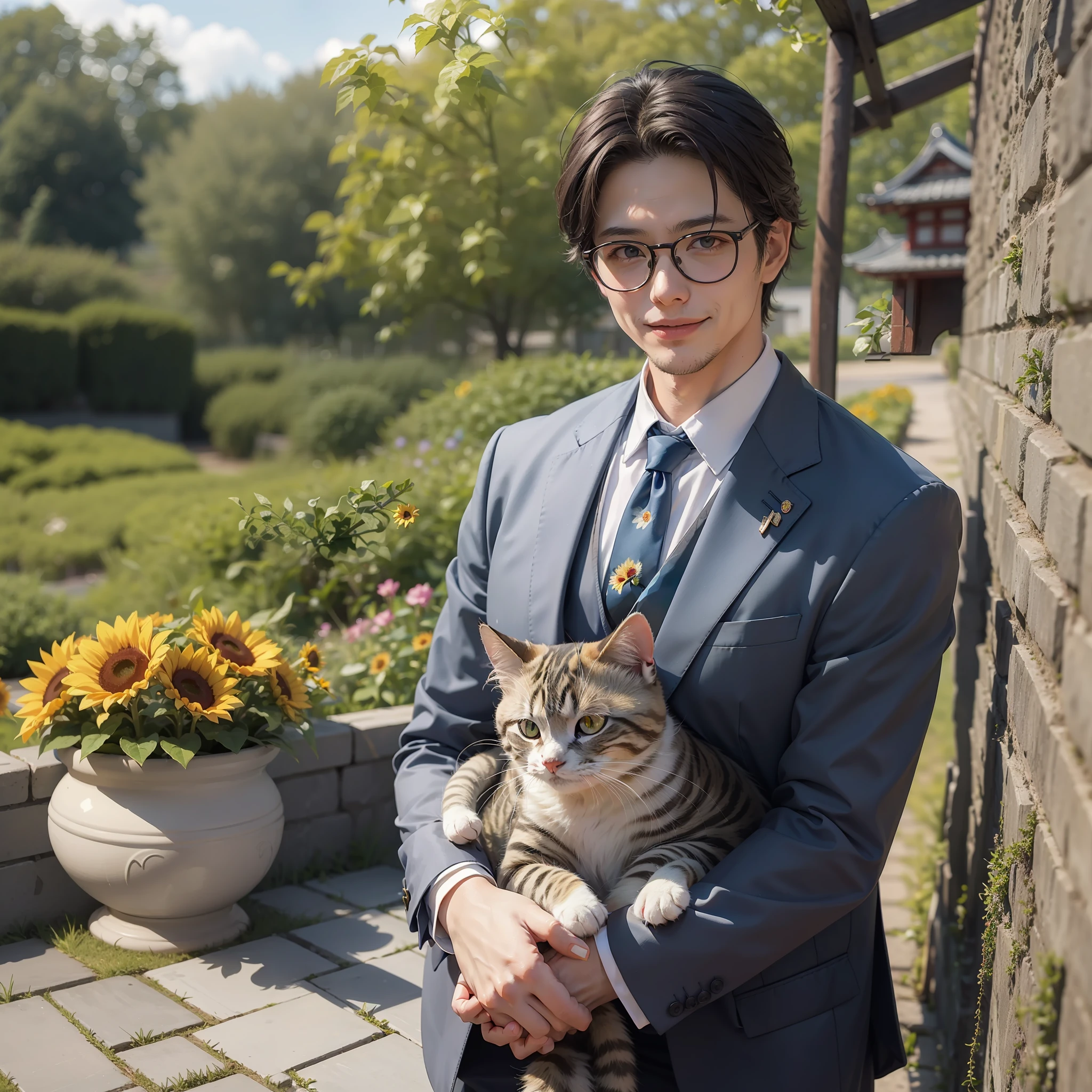 high - resolution、The Masterpiece、Top resolution、masterece-piece、Calm man in suit in Japan's mansion、Gentleman with dark hair and glasses、Gentleman's friend smiling a little、Cute cat in the garden、Summer in Japan、Sunflowers are blooming