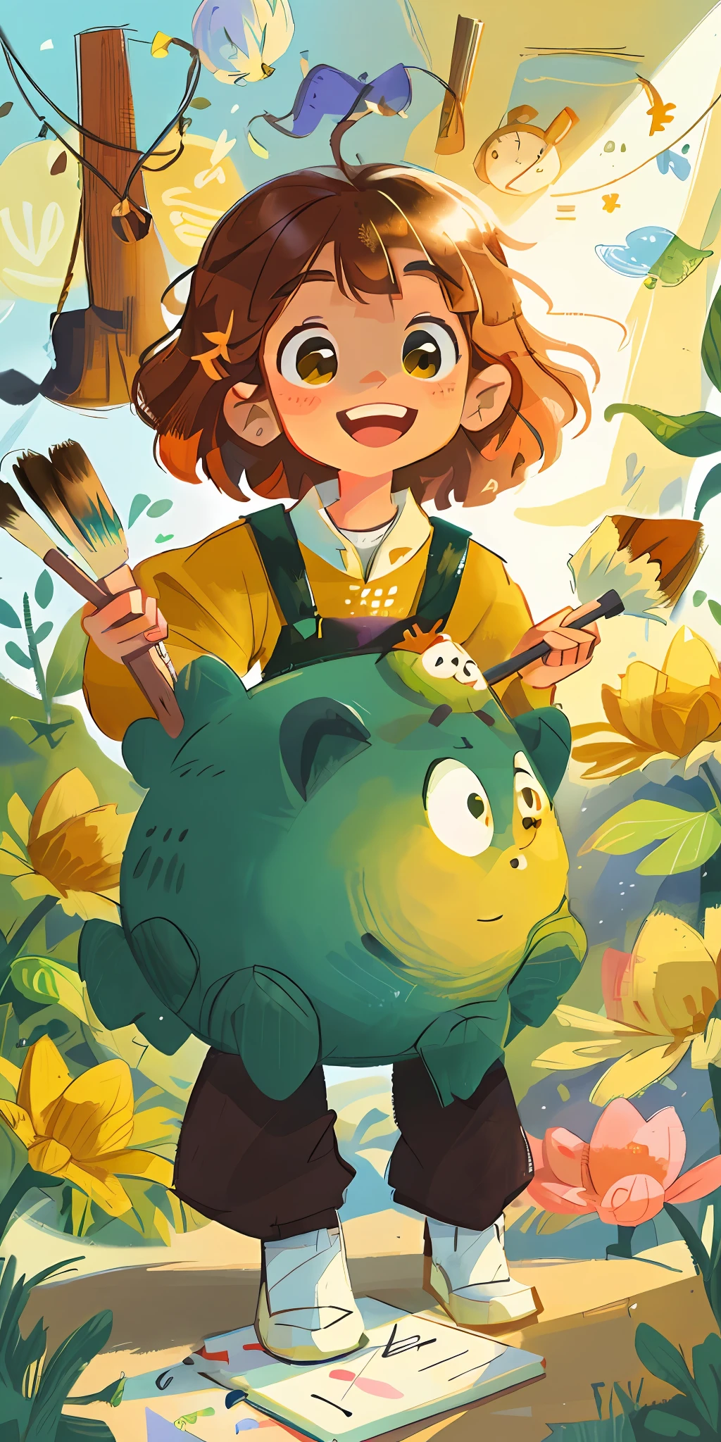 A little little girl with a wide smile holding a painting brush that glows! it is surrounded by many colored pencils, brushes and paints of many colors, warm sun sprinkling over it, adding to the playful atmosphere, --v6