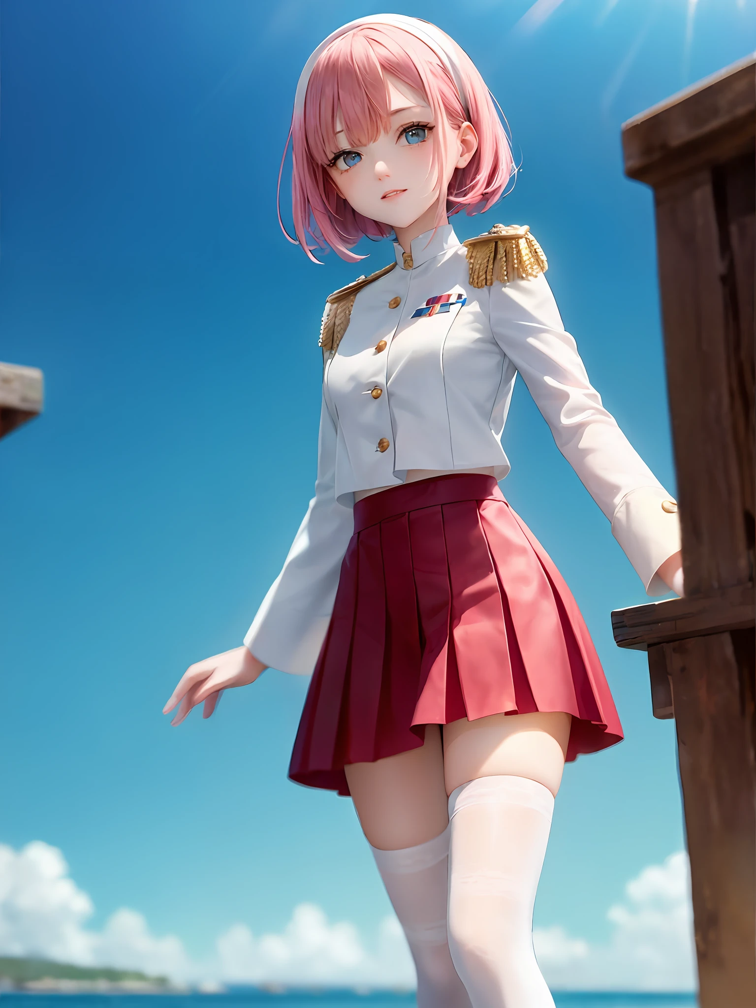 1girls, Single person，(masterpiece:1.1), (Best quality:1.1), (White blouse:1.1), High-waisted skirt, Break [blue:Pink:0.5] theme, (gradient backgrounds :1.1), Cowboy shot, Cinematic light，The Perfect Hand， Break through pink hair, single horse tail, white hairband，White military uniform top, Pink epaulettes，Pink pleated skirt，White mid-tube boots，Pink stockings，Blue eyes， Slender beautiful legs，Mottled sunlight，seaside backgroud