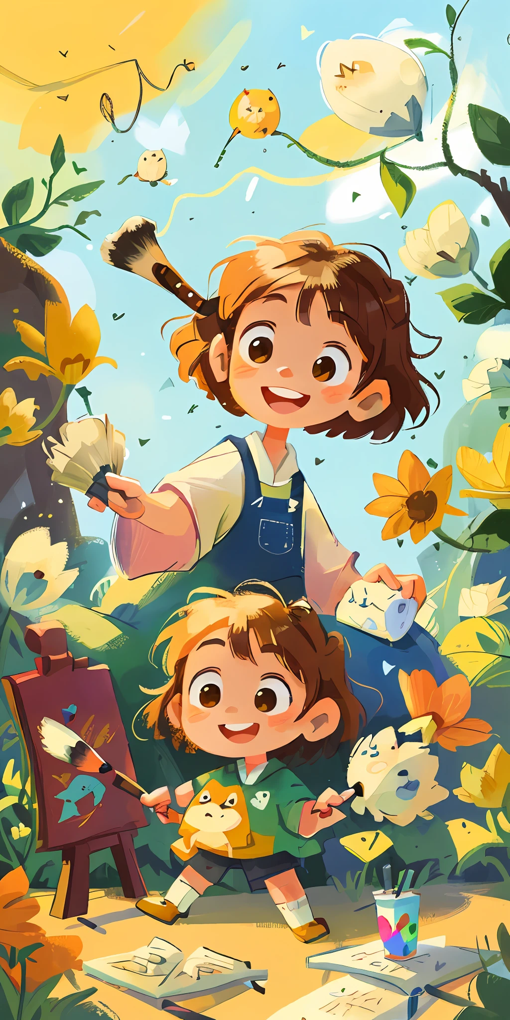 A little little girl with a wide smile holding a painting brush that glows! it is surrounded by many colored pencils, brushes and paints of many colors, warm sun sprinkling over it, adding to the playful atmosphere, --v6