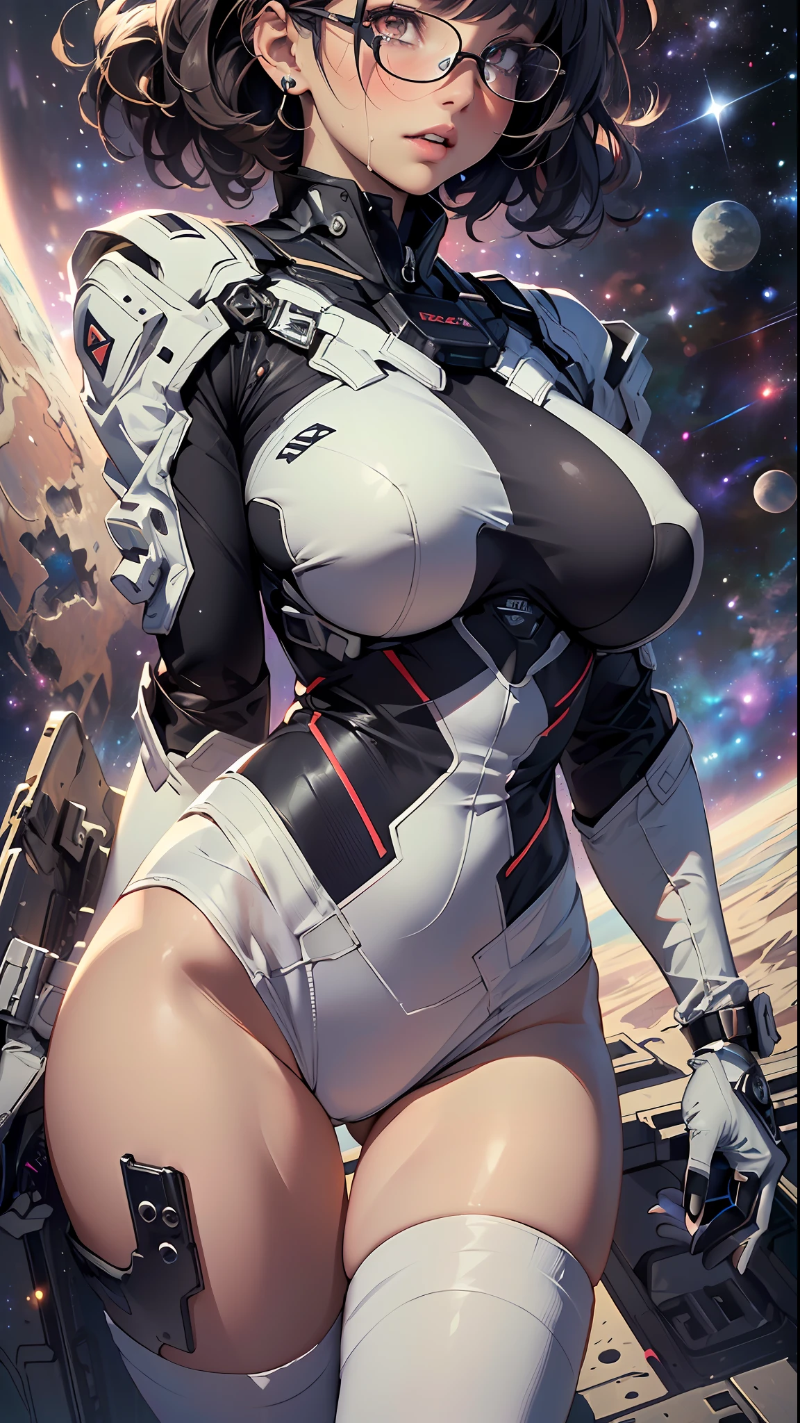 spacepunk, (Universe Background: 1.5, detailed background:1.25), (Isometric: 1.0), double exposure, (masterpiece, best quality:1.3), (highres:1.5), absurdres, ultra detailed, (1girl:1.3), (dynamic pose):1.0 BREAK, ((upper body image:1.3)), ((1 extremely cute and beautiful tearful girl taking a spacewalk at Universe)), stars, gas, star, starry, space, shooting star, crescent moon, hyper-space, (upturned eyes:1.3), (ear breathing), solo focus, starry night, (wearing a mechanical space body armor:1.3), (black wavy bob hair:1.35, bangs;1.35), (large-breasted:1.35), (fat:1.2), glasses, streaming tears, tearful, tears, sad, 7.5 life size, detailed clothes, detailed body, detailed arms, human hands, detailed hands, blush, open mouth, (look back:1.15), (thrust out one's hip:1.35), studio soft light, cinematic light, detailed background, realistic, ultra-realistic, masterpiece,