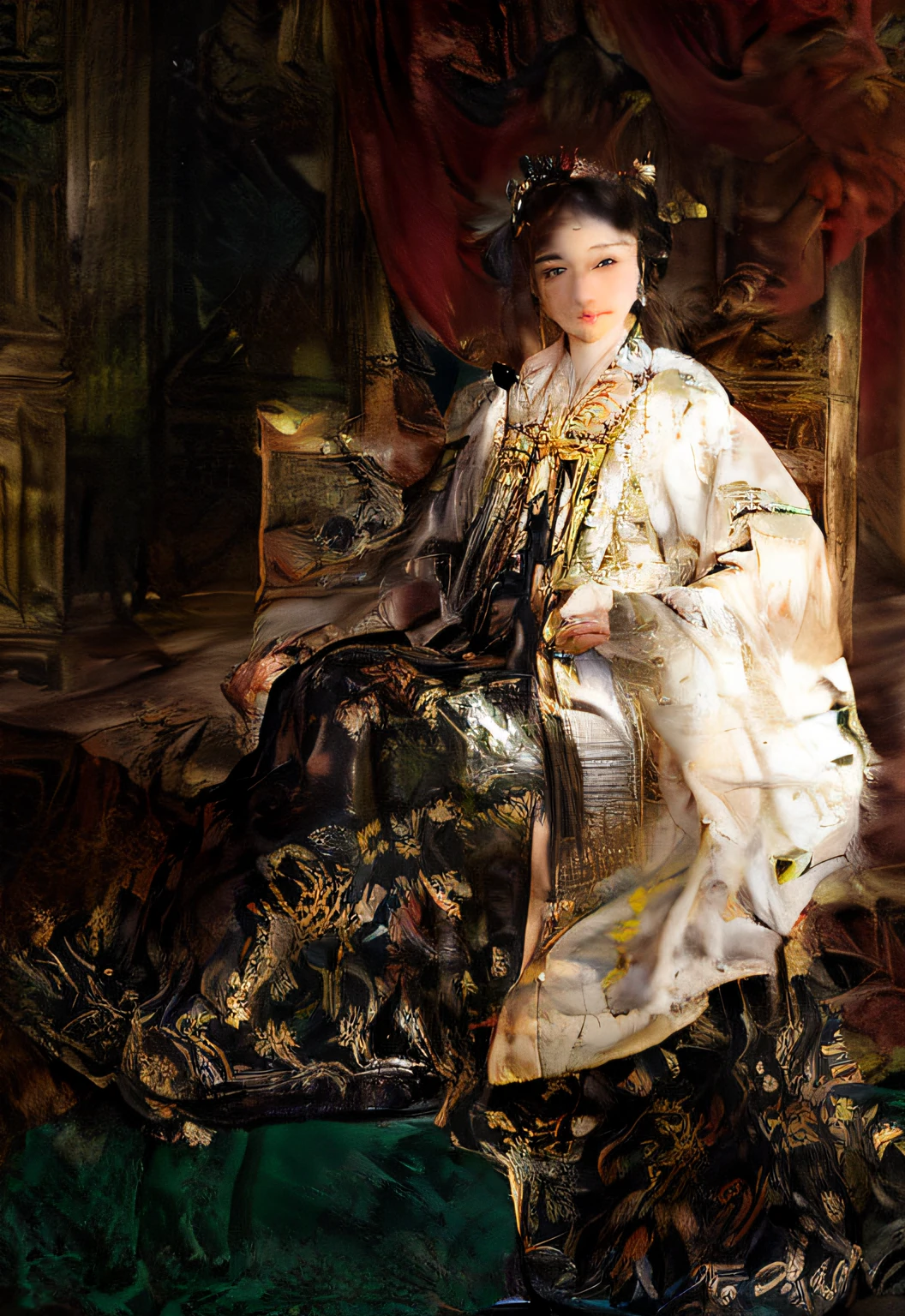 The painting shows a man in a white robe and a gold crown,French aristocracy,majesty in noble clothes,napoleon,inspired by Charles-Amédée-Philippe van Loo,louis xiv,by Stanislas Lépine, napoleon