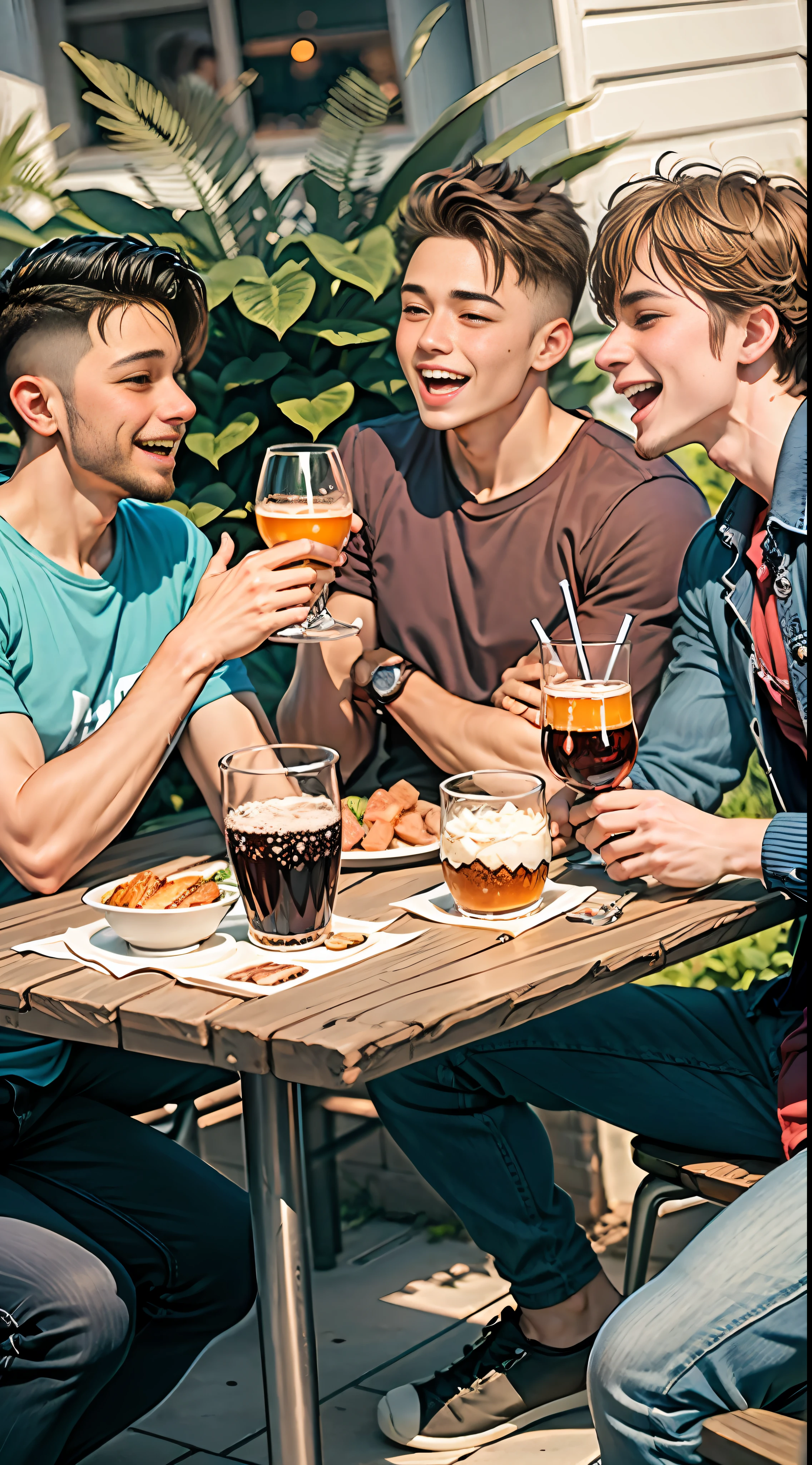 four 19 year old guys sitting at the table outside having fun, drinking, happy, laughing, casual clothes