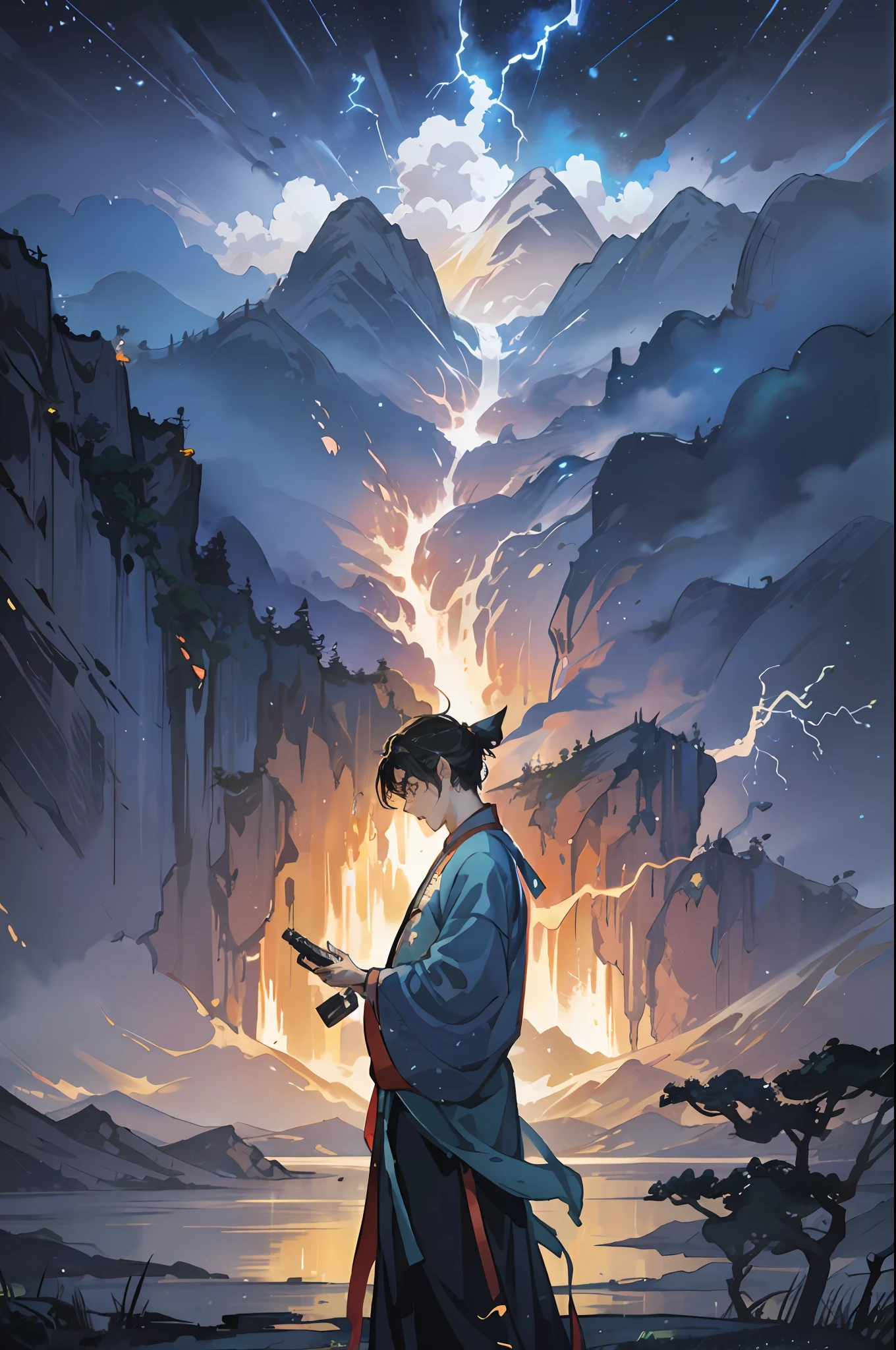 Man in Hanfu standing in front of mountain, waterfall, shooting star, lightning, concept art of Makoto Shinkai, fantasy art, Cyril Rolando, anime epic artwork, 8K art wallpaper