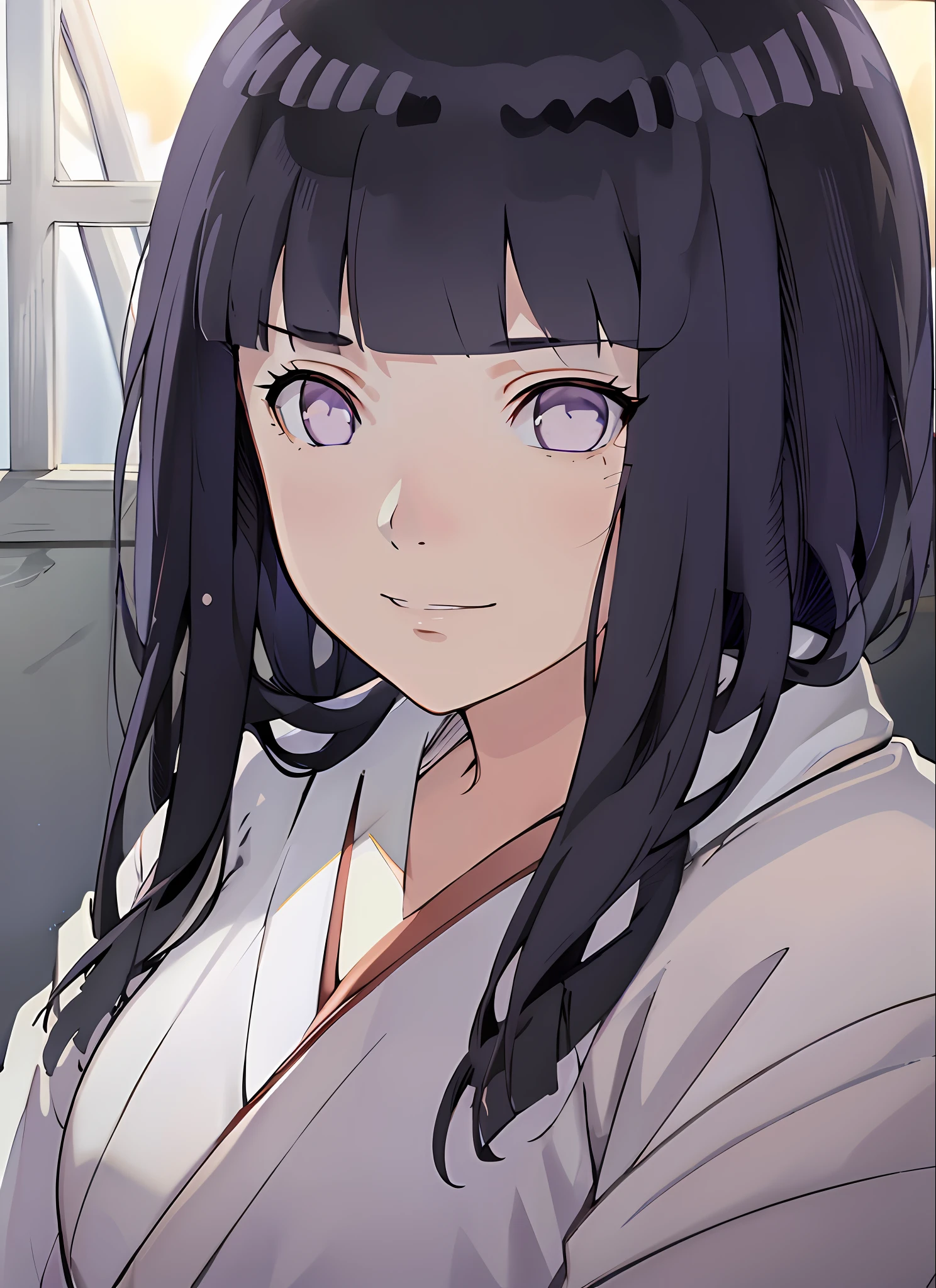 hirasawa_yui , (((purple eyes))), ((red and white kimono)), cowboy shot, full body, photorealistic, (hyperrealistic:1.2), perfect eyes, perfect face, perfect lighting, indoors, warm colors, colored sky, slight smile, blunt bangs, dark blue hair, hinata as kikyo