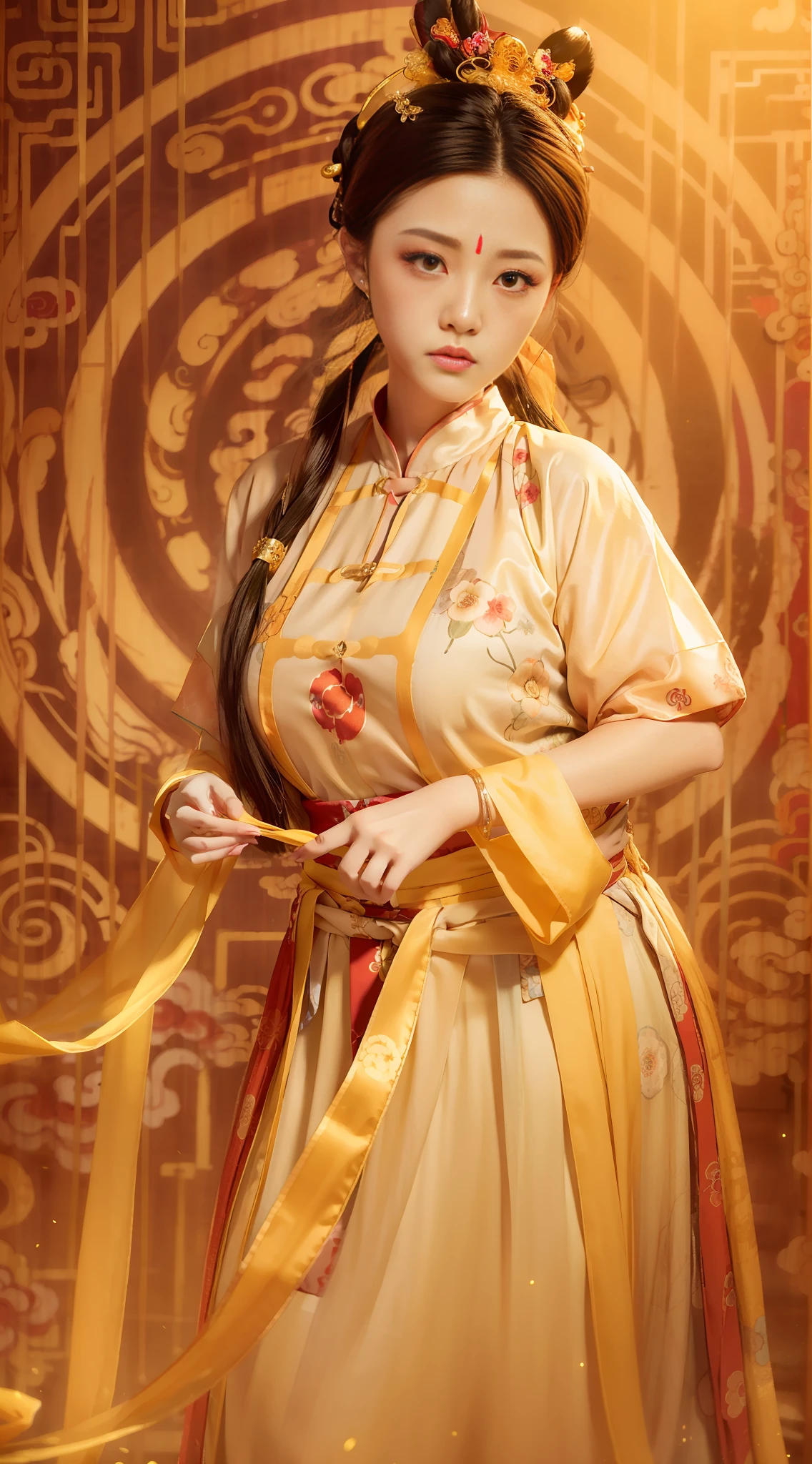 A slightly chubby beauty,long way hair,Yellow short-sleeved hanfu,prette,Chinese wind,Tang dynasty beauty,Busty and sexy,pavilion,Delicate facial features,The same person,Same outfit,high-definition,Macro,high qulity