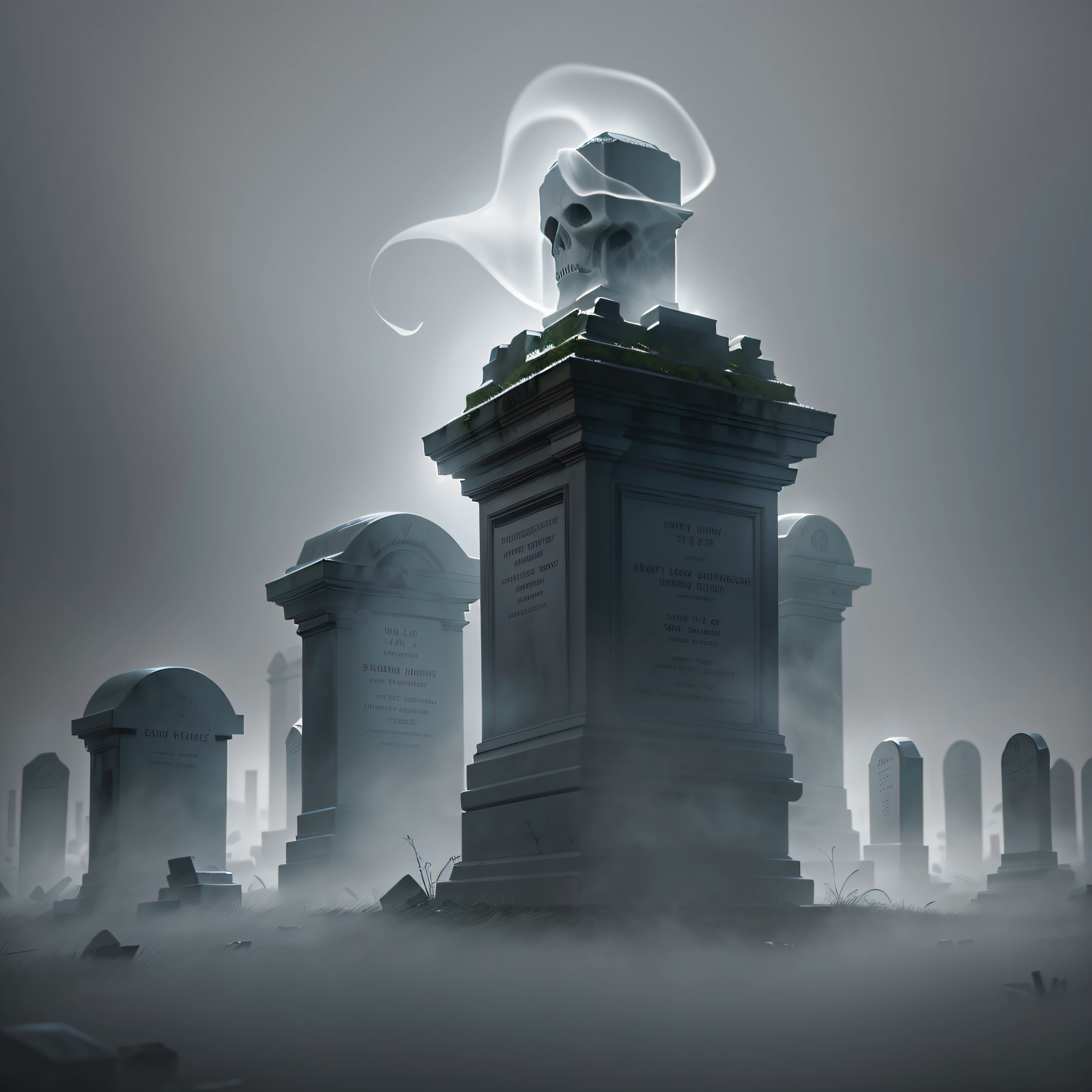 "Ghostly Hauntings": A minimalist and atmospheric image depicting ghostly apparitions floating among tombstones in a misty graveyard, with subtle shades of gray, capturing the eerie ambiance of Halloween night, Ultra realism, color field printing, high detail, UHD, 8k, anatomically correct, cinematic lighting 4d quality --auto --s2