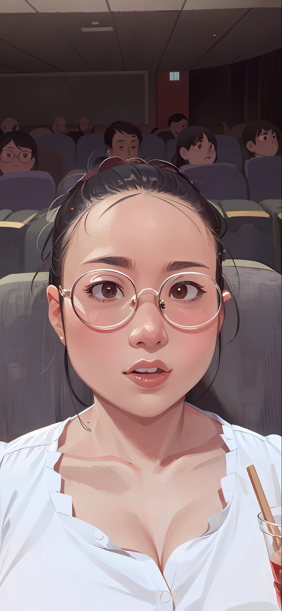 there is a woman wearing glasses sitting in a theater, xintong chen, 32 years old，wearing small round glasses, with glasses