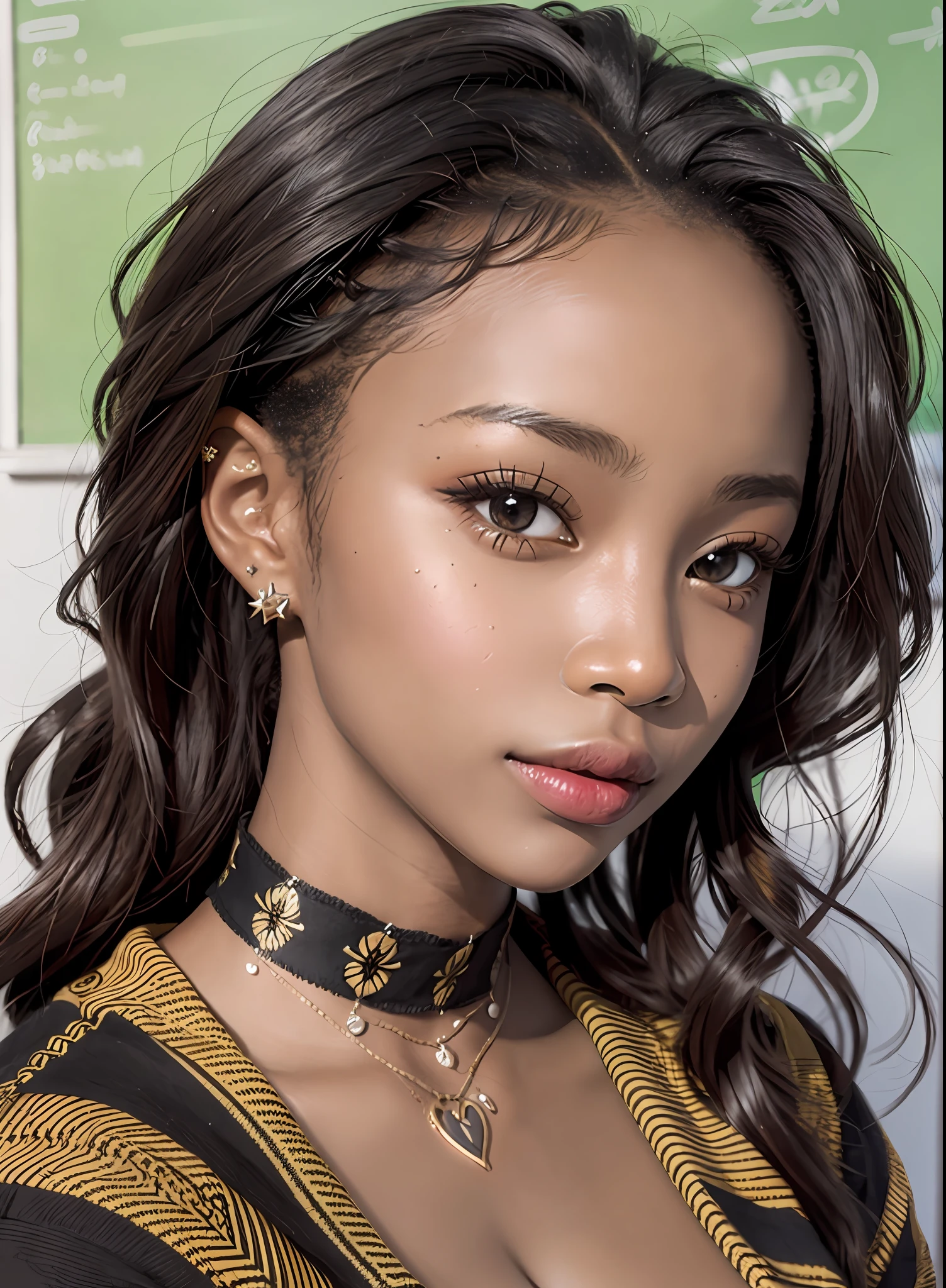 Photorealistic Beautiful black girl, African girl, school girl outfit, dark skin, dreadlocks, tattoos and piercings, cleavage, close-up portrait hyperrealism, in class