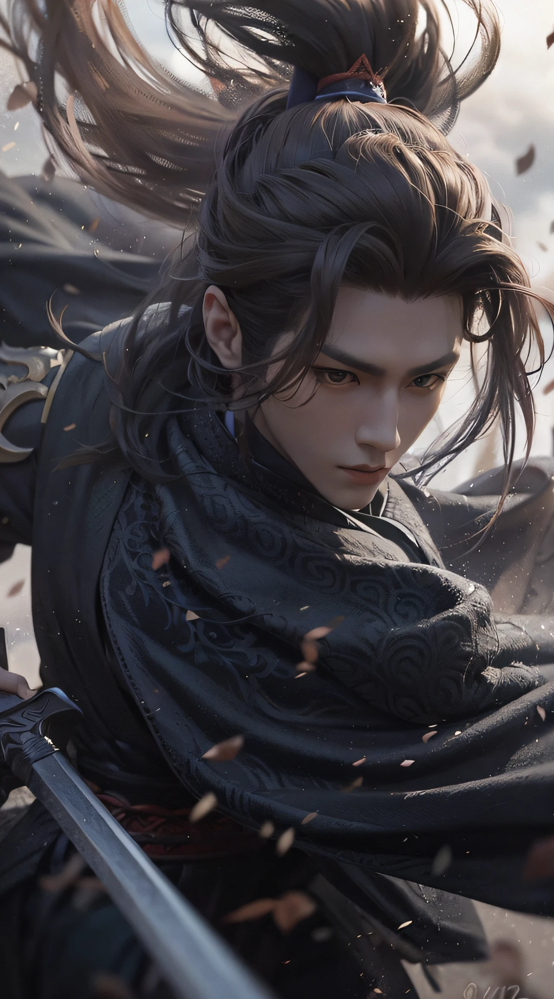 A warrior,long way hair,Hanfu,Robe,Sword,Handsome face shape,Lifelike:1.2