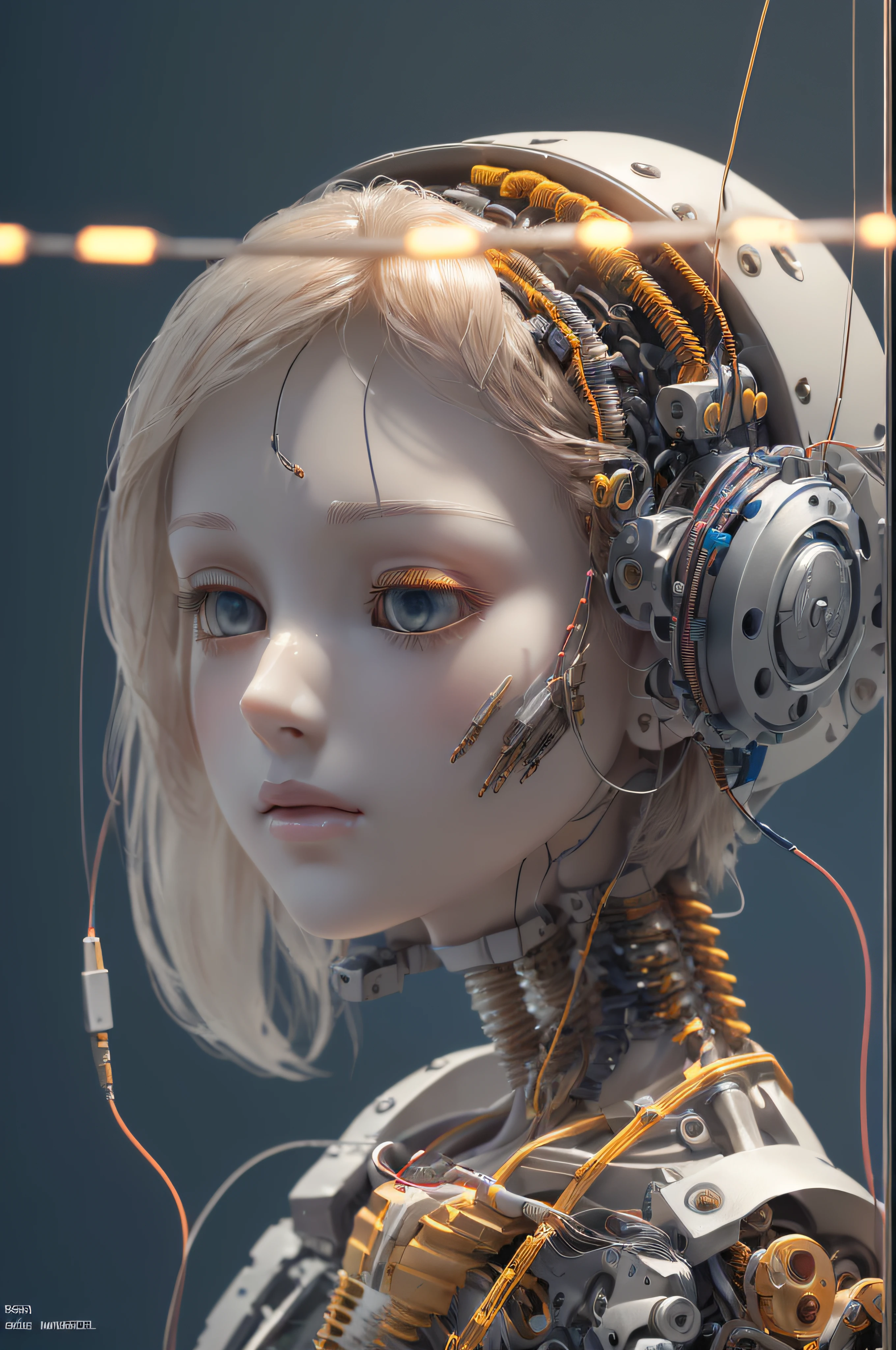 [buzimage]
(masterpiece), (best quality), (ultra-detailed), (highly detailed CG illustration), ((an extremely delicate and beautiful)),(cute delicate face),cinematic light,(1mechanical girl),solo,full body,(machine made joints:1.4),((mechanical vertebra attaching to back)),((mechanical cervial attaching to neck)),((sitting)),expressionless,(wires and cables attaching to head and body:1.5)