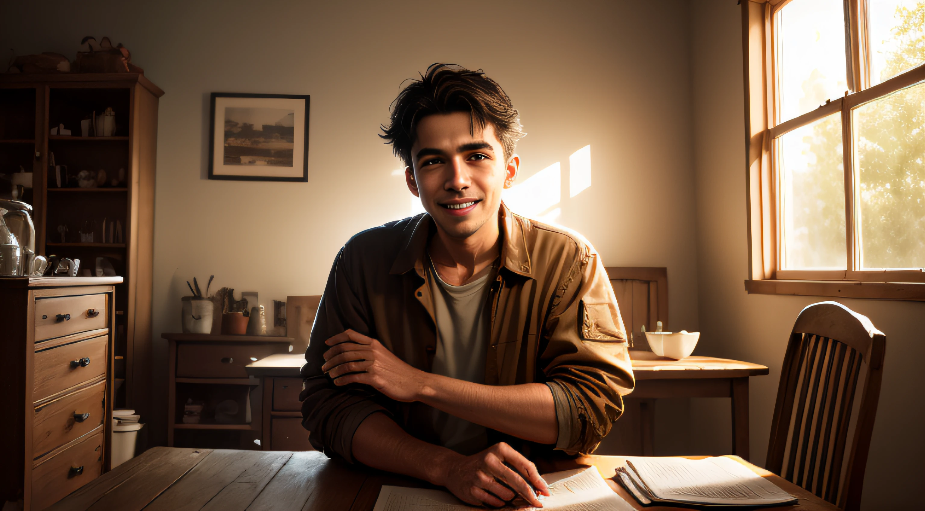 um jovem ocidental, solitary, animado, sorrindo, pobre, em roupas velhas, em uma casa antiga, with old furniture, The image must be as realistic as possible, Capture authentic details, maior qualidade