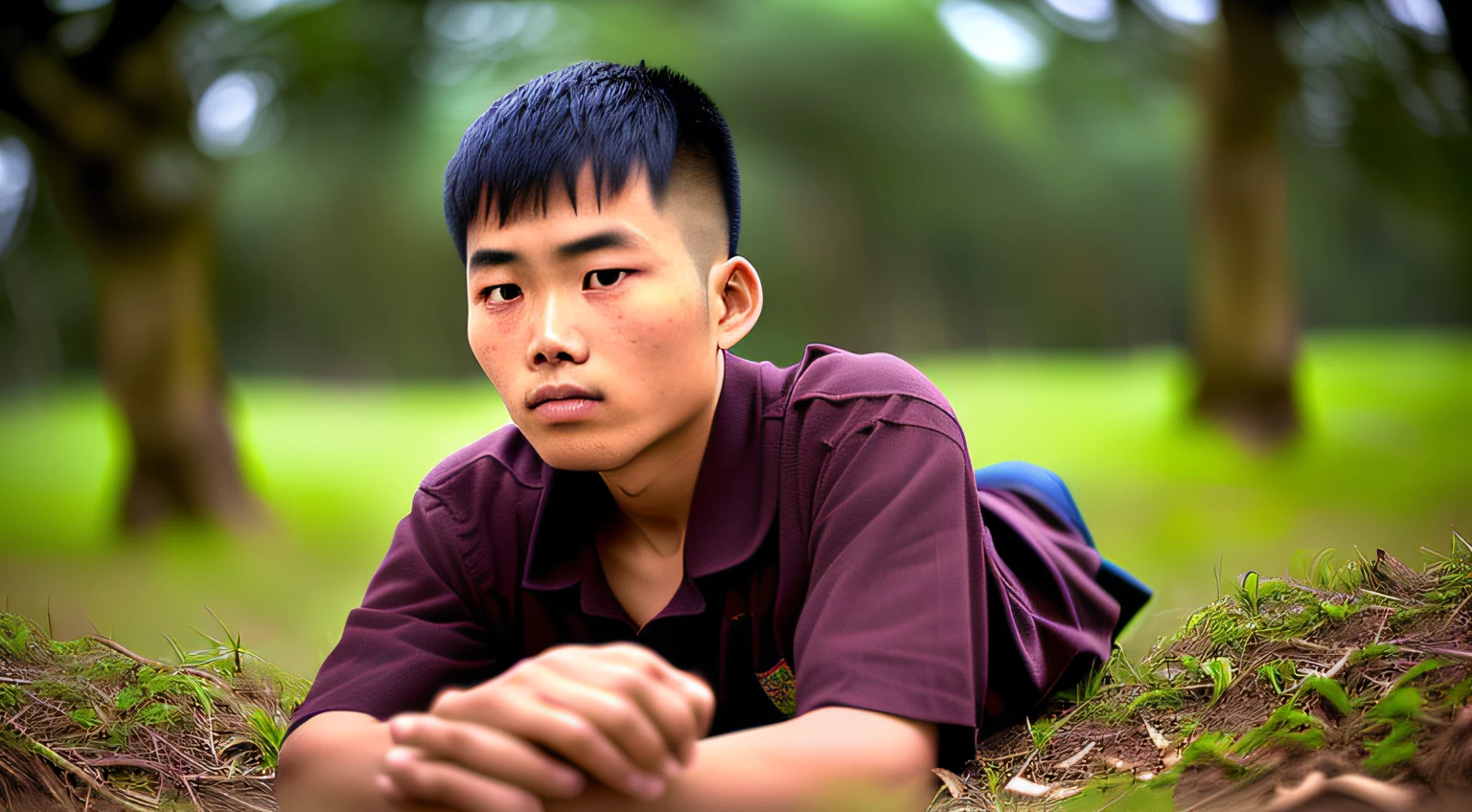 The story of a young disciple named Punna, homen, 22 anos, careca, magro, Chinese. Uma imagem em close-up do rosto de um idoso vietnamita, illuminated by the light of the sky, com uma floresta ao fundo.