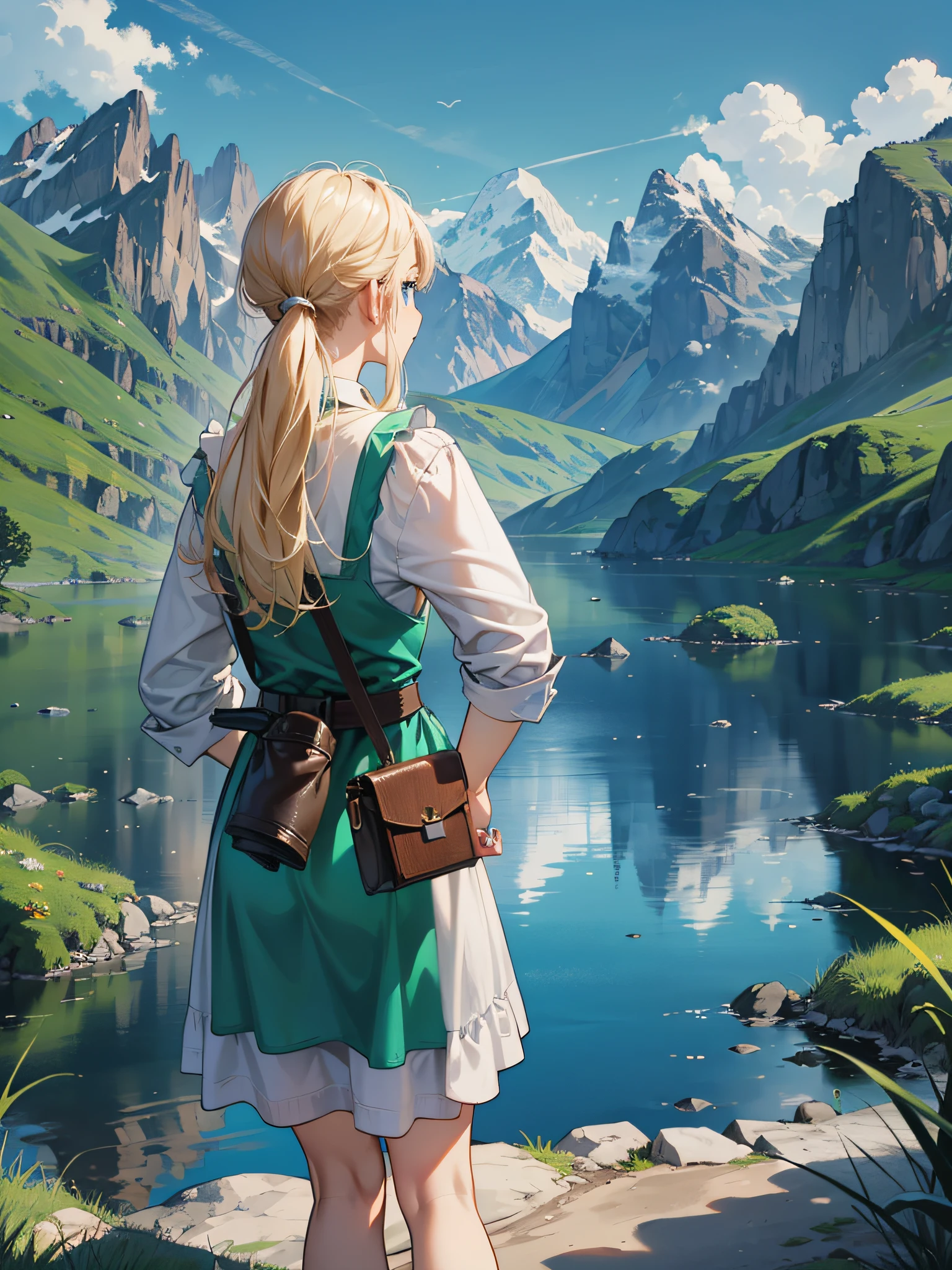 elvish, enmaided, solo, full entire body, Rear view, platinum-blonde,twintails, Blue eyes, Green Apron Dress, Leather Pouch, Point your rangefinder camera at the scenery, Views with majestic mountains and lakes