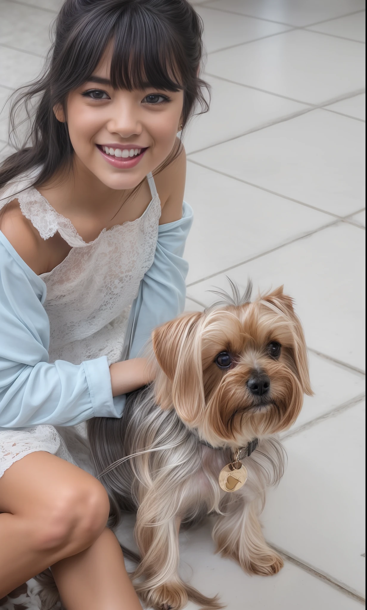 There's a girl sitting on the floor, com cabelos pretos, franja preta na testa, vestido rosa, com um cachorro, segurando seu Yorkshire Terrier, small dog, pelagem clara, pelagem bege, happy puppy, cinematographic, desenho, Ultra Detalhado, realista, 4k