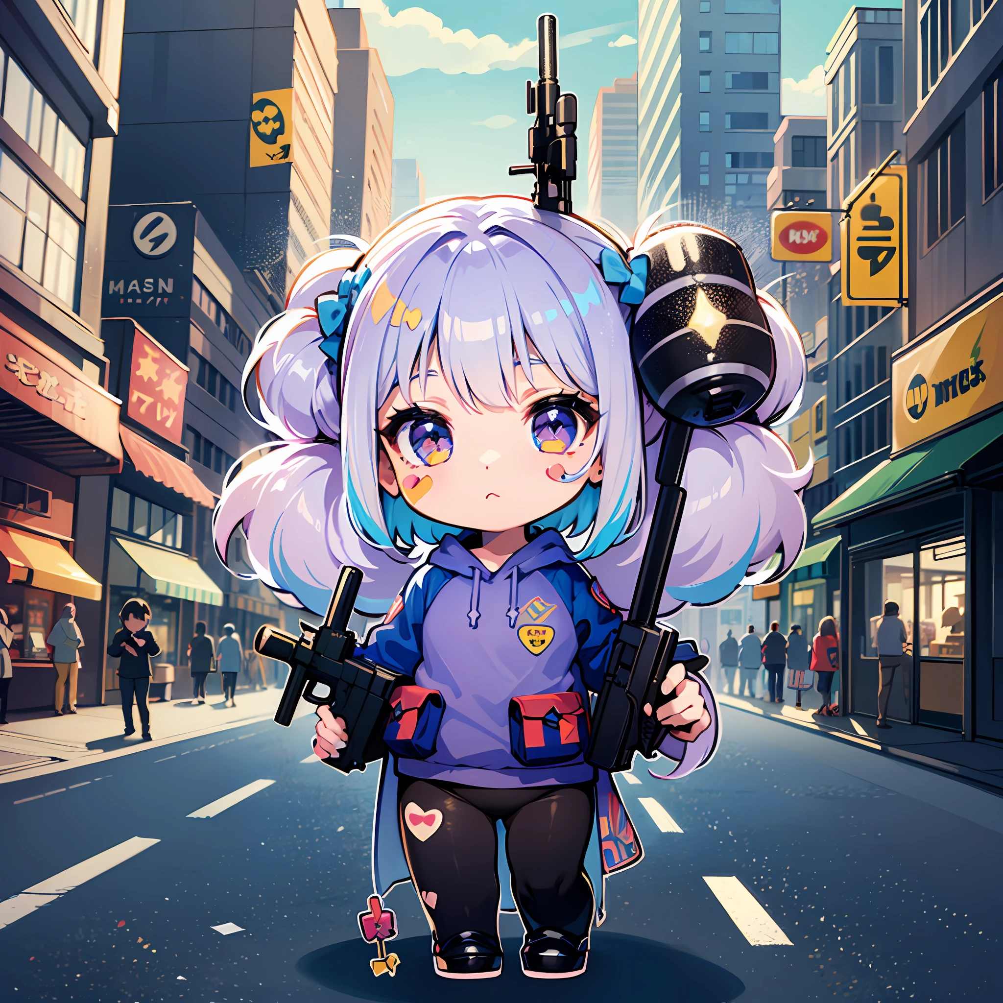 ((sticker:1.5)))、((Chibi Chara))、(((Super giant gun)))、Fluffy、The girls、Strong perm、Street、Blow up the city、Strongest、Chibi Chara、fully body、pastel-colored hair、Fairy tale、Fantastical、masterpiece、best qualiy、high picture quality