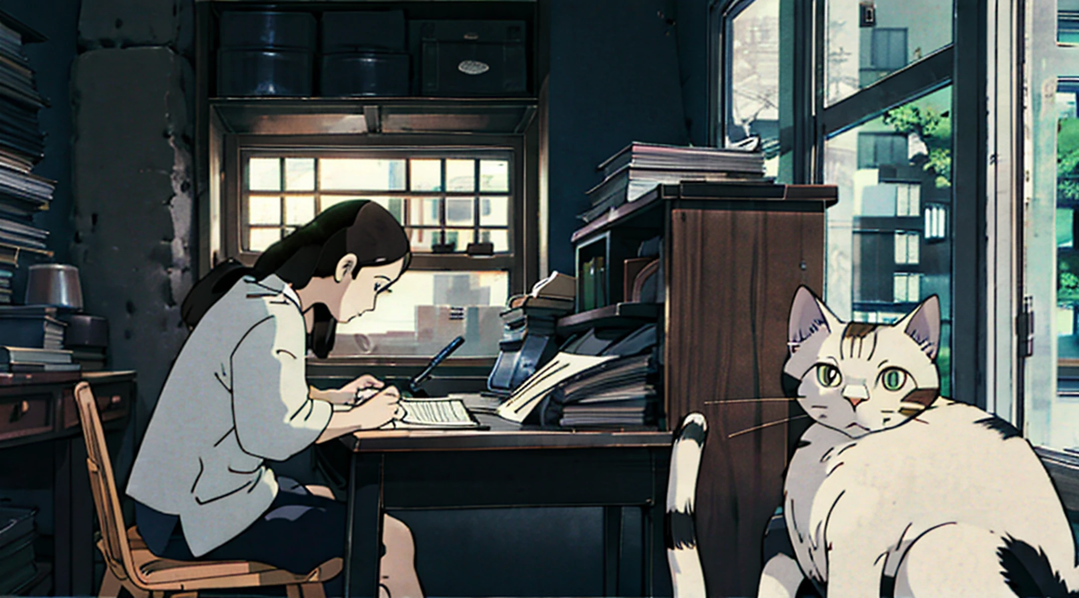 gal girl、desk、study、kitty