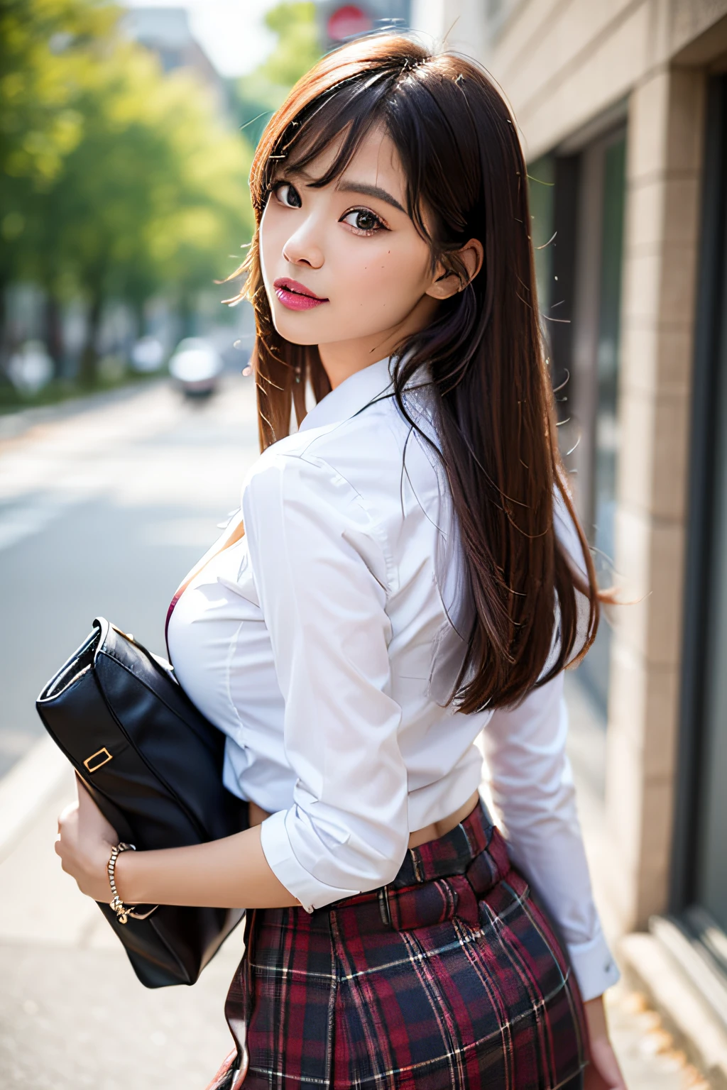 NSFW, 8k RAW photo, best qualiy, The Masterpiece, ultra-highresolution, film grains, filmg, 1girl, looking at the viewers, sexypose、Natural skin texture, Realistic eye and face details, Full lips, lipsticks, (makeup), Red eyeshadow, fluffy long hair, Messy hair, Sorrisos, mouth close, beautiful legs, Tall Women, Portrait Model、Camera Angle=under、skiny, slim_legs, 独奏, gigantic breastss, cleavage breasts, Pose with your buttocks facing you, Ultra short skirt, buttock, The buttocks are visible、Panties have a strawberry pattern、Standing、Angle looking up from below、the shirt with short sleeves, Beautiful natural places, Around the position of the flower, (detailed backgorund), Plaid skirt, white shirts, gigantic breastss, cleavage breasts, Show a little cleavage through the shirt, loafers, a blurry background, blurry, ngel, Plaid, Half-sleeved, brown colored hair, bracelets, aqua, bangs, school-uniform, jewelries, Parted lips, s lips, From the side, preated skirt, Depth-of-field
