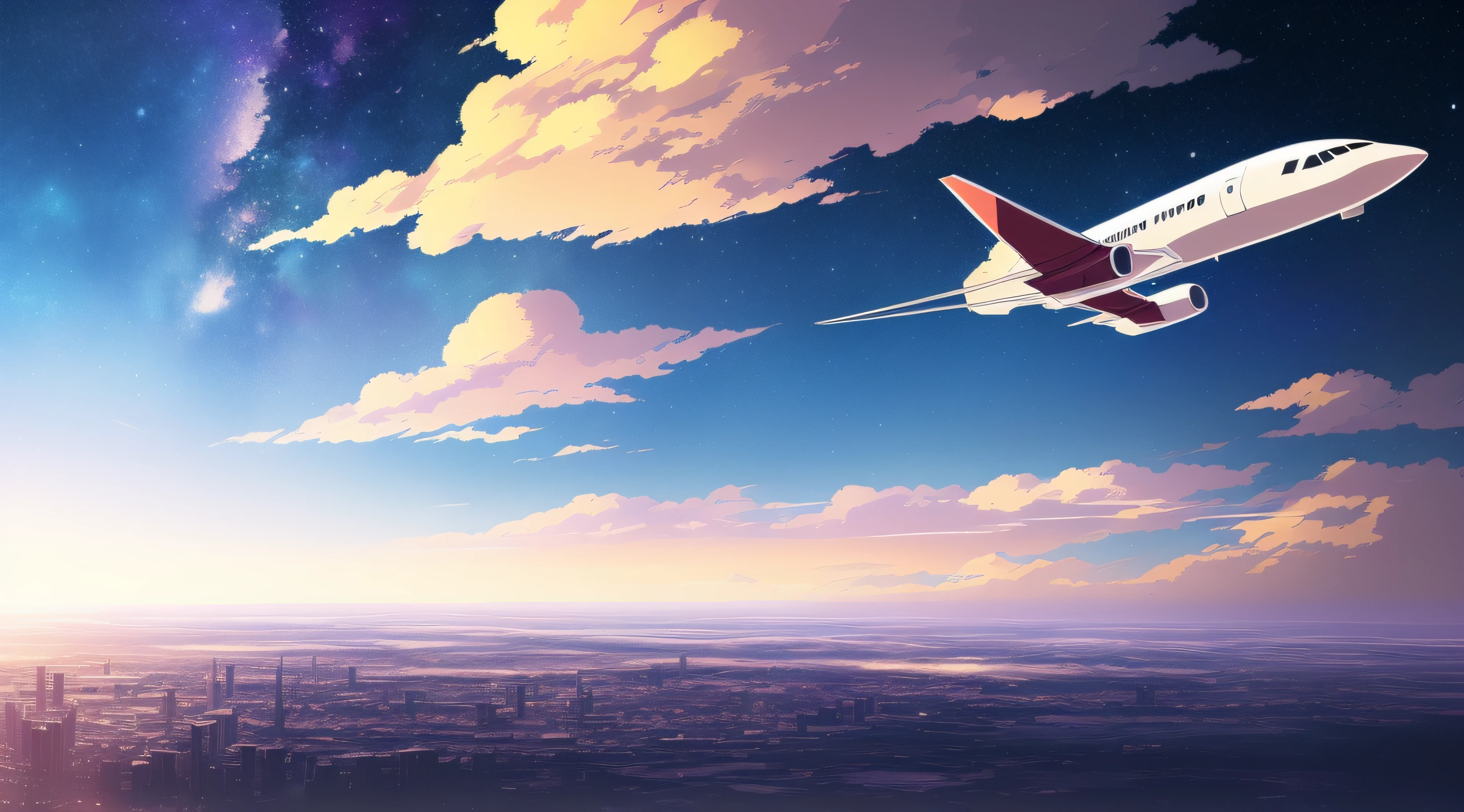 There is a plane flying in the sky, Makoto Shinkai's concept art, tumblr, magic realism, beautiful anime scenes, cosmic sky. by makoto shinkai, ( ( makoto shinkai ) ), anime background art, anime backgrounds, Makoto Shinkai's style, anime movie backgrounds, galaxy express, no humans. --auto