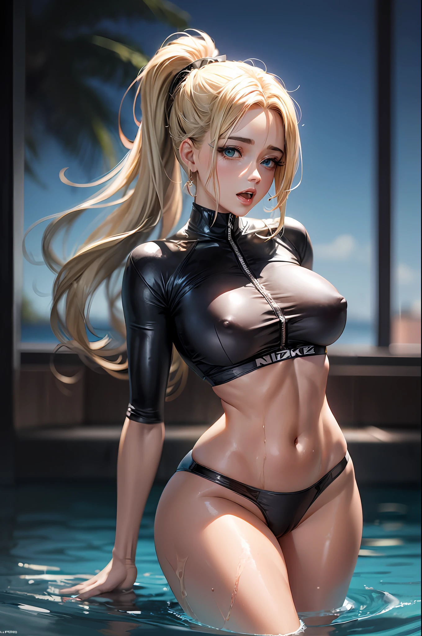 beautiful lighting, top quality, cinematic fashion still (charming amber heard , 19 years young ) , playing in the water in a texas swimming pool, (wearing a small tight and ultra thin 2 piece swim suit), (perky-nipples outlined), (perfect pink-pussy-outline) (all wet) , dark atmosphere, toned body, beautiful slim , fit ,sexy woman, open mouth, )perfect hands , perfect fingers , perfect teeth) bright blue eyes , big, light blonde hair color , tiny micro skirt, , big clevage , beautiful woman in perfect figure, ((big breasts)), big, slender abs, very detailed face and skin texture, detailed eyes, double eyelids, perfect anatomy body proportions , hd , hdr , nikon z9 80mm lens , masterpiece
