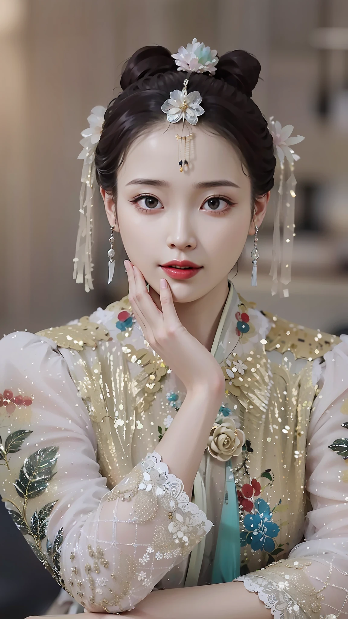 a close up of a woman in a gold dress with a red lipstick, Chinese princess, royal palace ， A girl in Hanfu, ruan jia beautiful!, dilraba dilmurat, traditional beauty, Chinese style, traditional chinese, a beautiful fantasy empress, ancient chinese princess, queen of the sea mu yanling, Chinese dress, ((a beautiful fantasy empress))