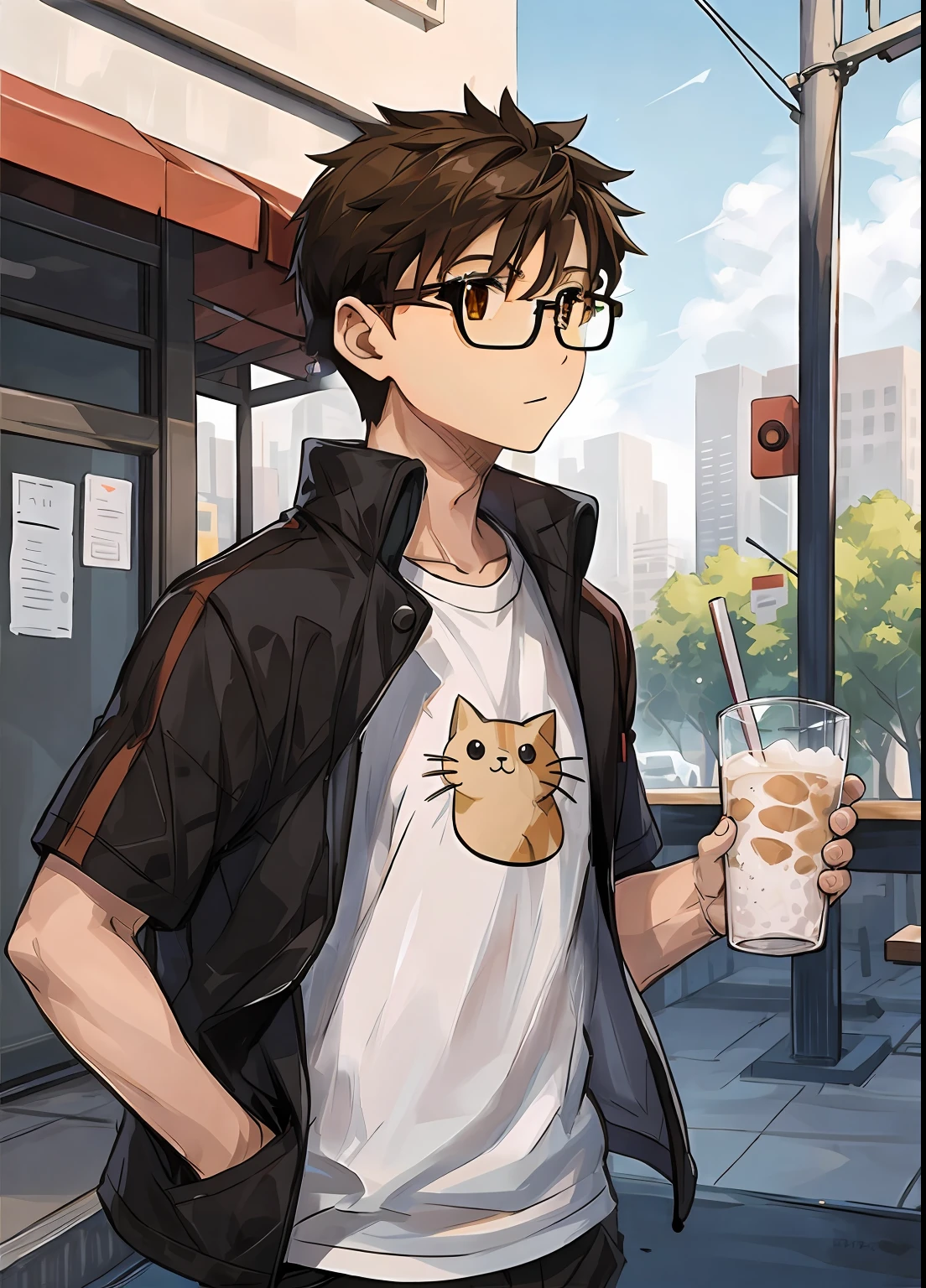 Big eyes、brown eyess、Black-rimmed glasses、thick frame glasses、Anime style、Light in the eyes