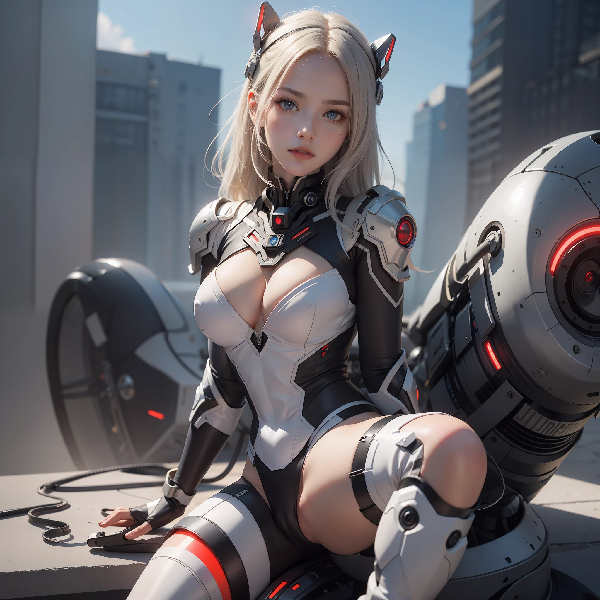 (masterpiece, best quality), (detailed and beautiful eyes), (detailed eyes and detailed face), (beautiful and clear background), (extremely detailed CG, super detailed, best shadows), (( depth of field)), beautiful conceptual illustration, (illustration), (extremely delicate and beautiful), (perfect detail) an anime woman with red eyes wearing a futuristic outfit sitting in a mech suit 1 girl, breasts, solo, red eyes, white hair, looking at viewer, android, science fiction