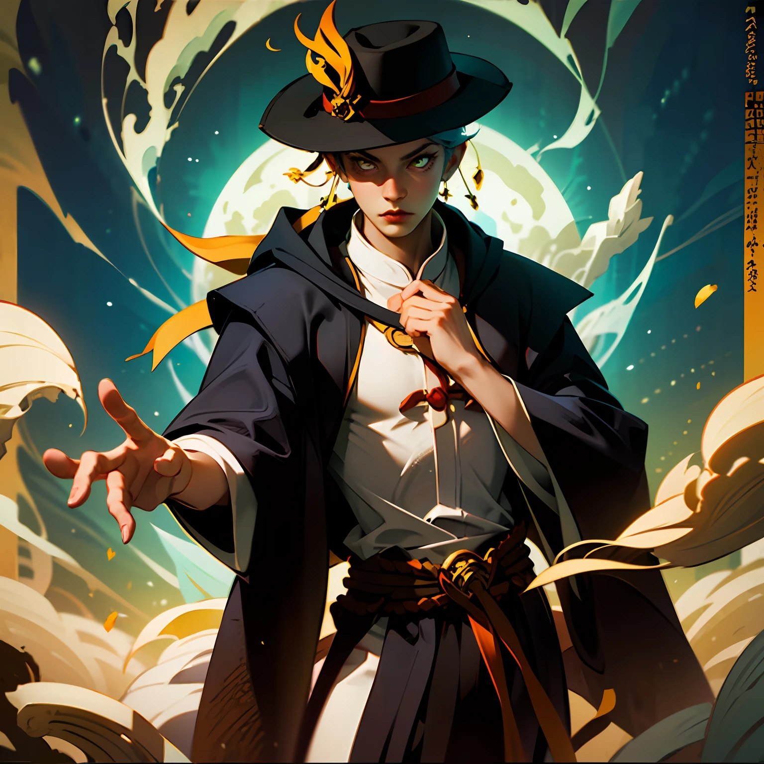 pixels，gal girl，taoist，black hat，yellow robe，Handsome pose --auto