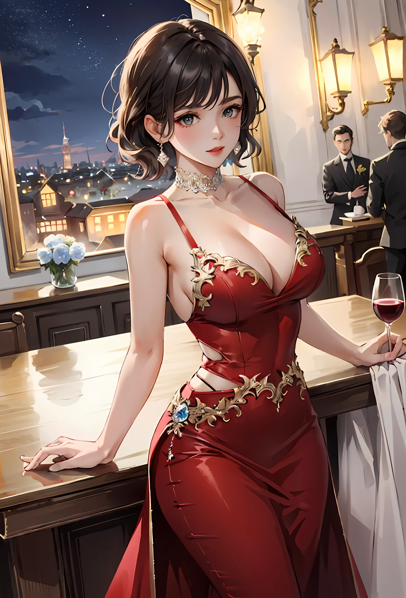 ((masterpiece:1.2, Best quality)), Ultra Verbose, Ultra-precise description, Ultra-detailed description, (Dynamic pose), (Prom background:1.5),(There are a lot of people in suits and dresses in the background)(night) lamplight,(traditional attire:1.2), Short hair,1lady,Hair over the shoulder,long way hair,Wave head,(Evening dress),The hips are wide,largebreasts,(glossy skin),many colors,Upper Bust,red wine,Light and shadow reflection,dinner table,standup,Holding a wine glass,Look at the front,seen from above,