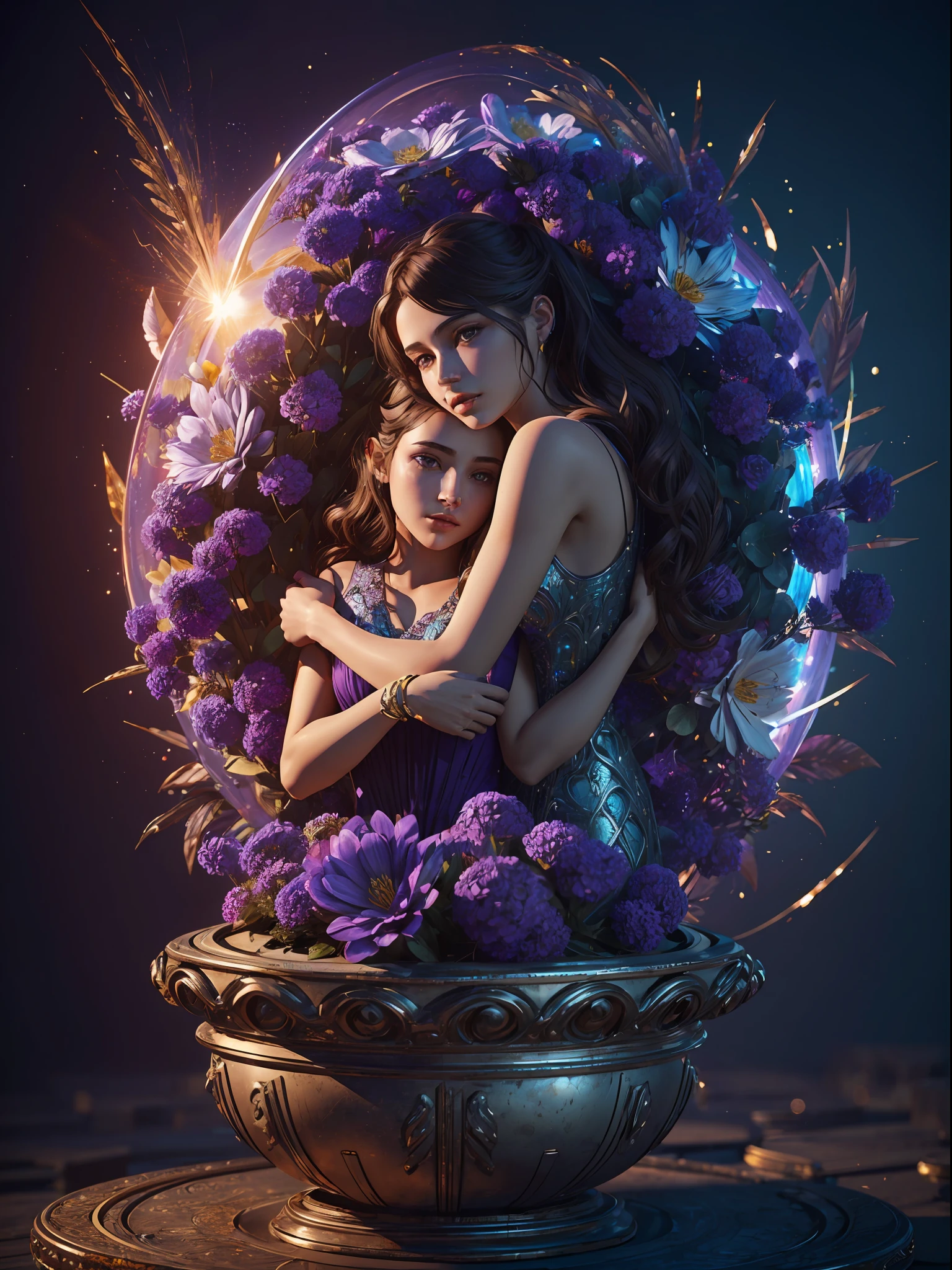 Incredible and spectacular scenes, ((high quality)), ((detailed)), ((fantasy)), "purple plasma brain, purple plasma body, realistic, best quality, 4K, flowers trapped in blisters at the top realistic, (handsome teenager and beautiful girl hugging), full body portrait", image quality (3D rendering effect) , exquisite details,