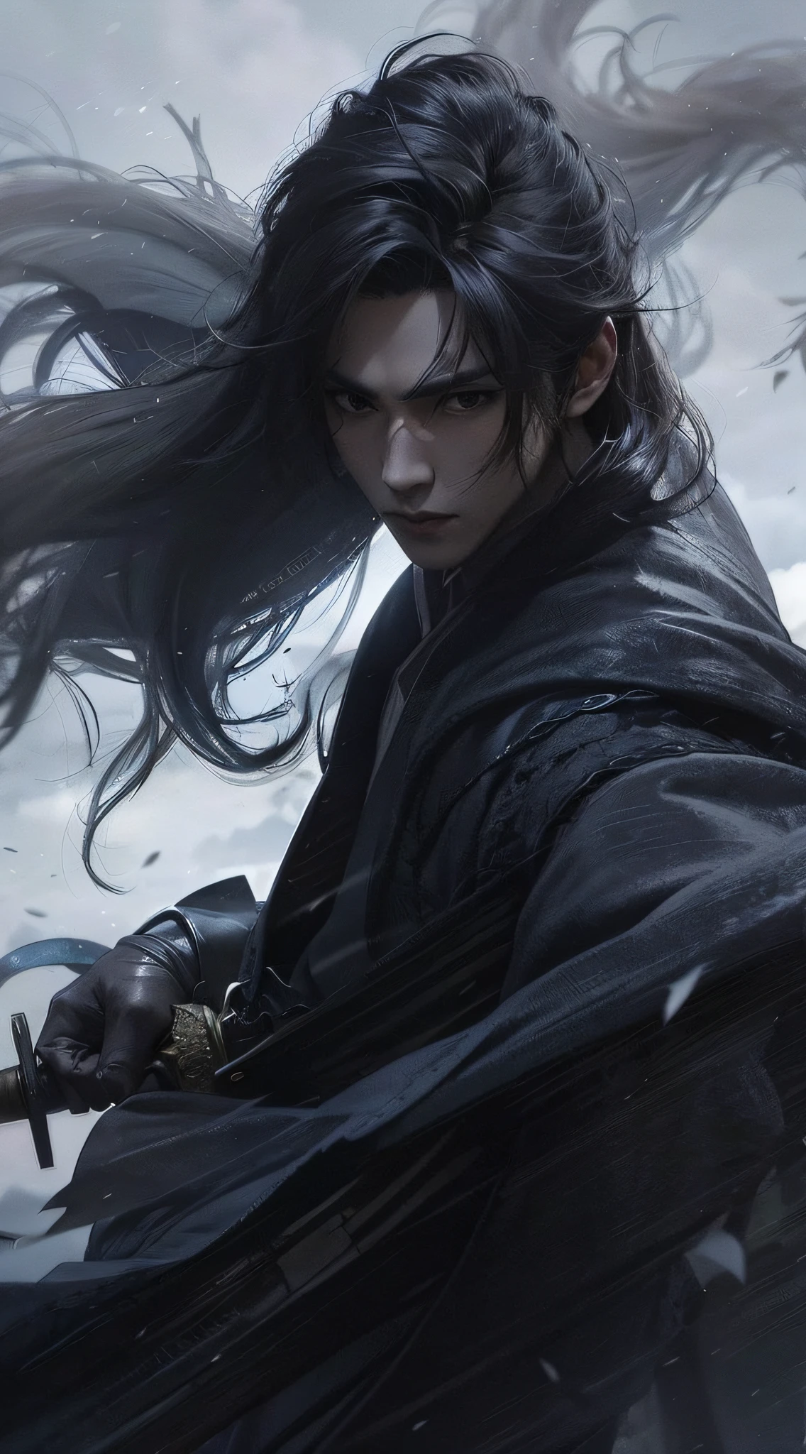 A warrior,long way hair,Hanfu,Robe,Sword,Handsome face shape,Lifelike:1.2