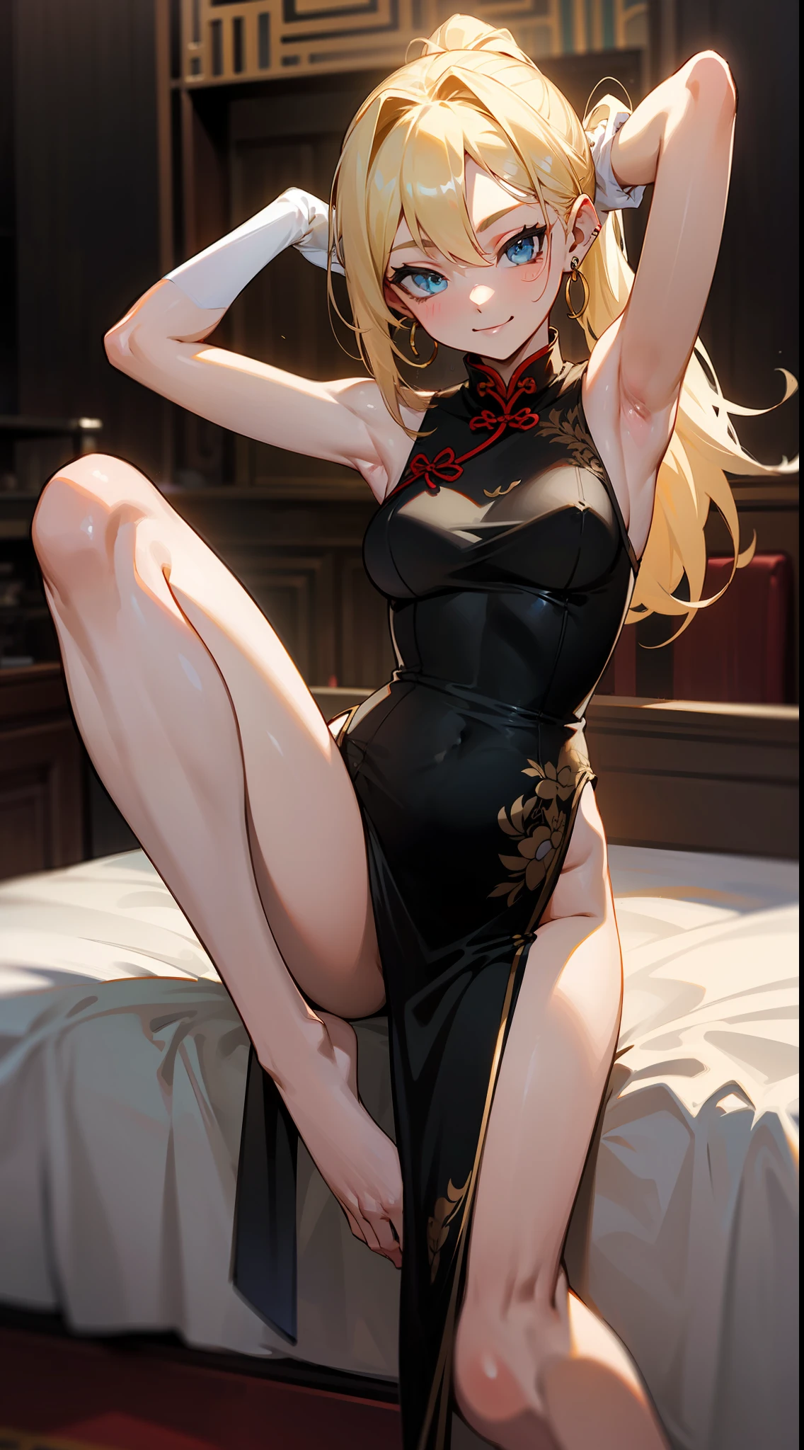 best qulity, 8k,A woman,blonde hair,long way hair,(Double ponytail),High split cheongsam,black silk stocking,(without shoes),(White silk gloves),ear ring,(tattooed),Armpits,A seductive smile,Place one hand behind your head,In the indoor bed,(lifting one leg),(Raise your legs and say horse)