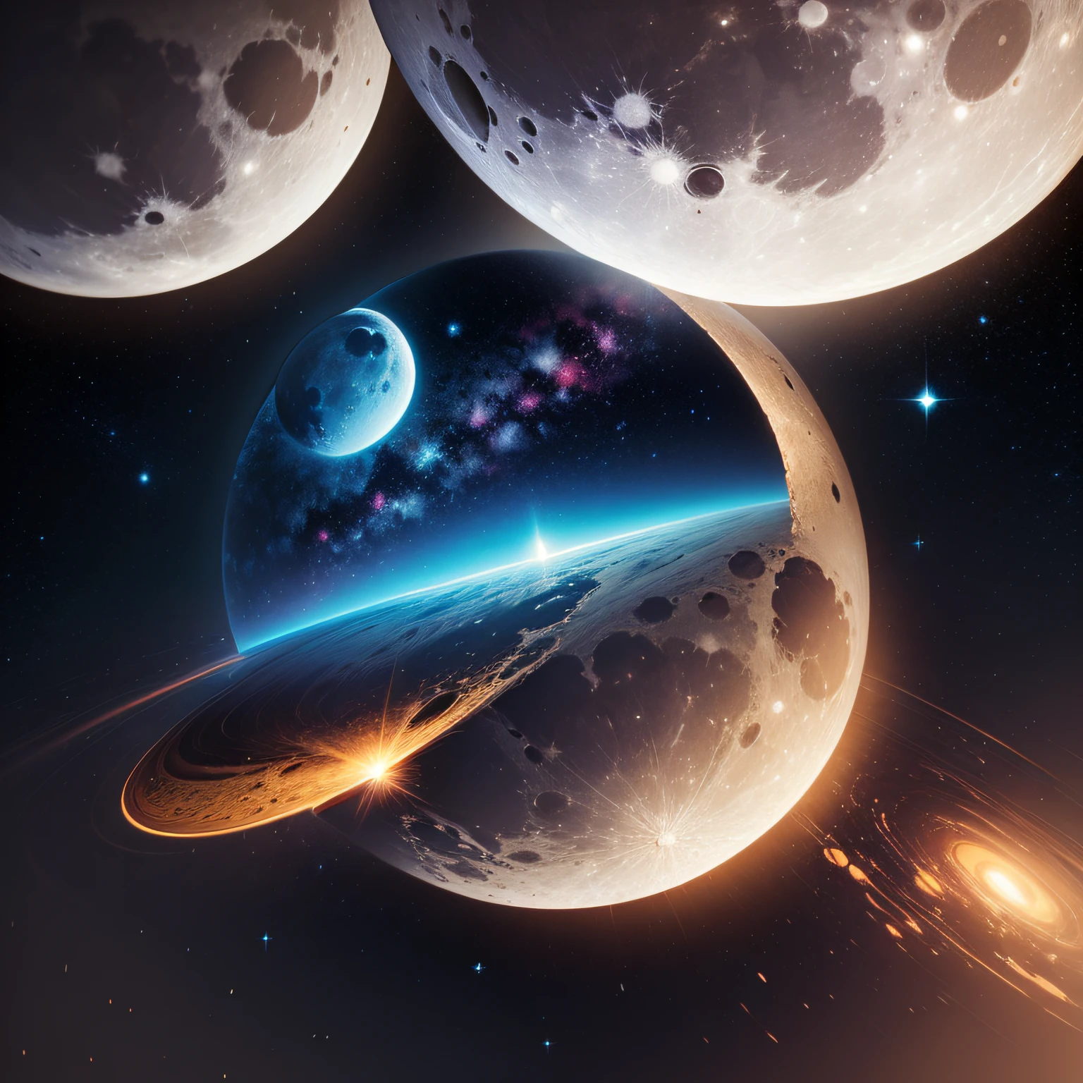 something spacy, universe, kind of retro design, stars and light, moon, psychecedelig graphics --auto