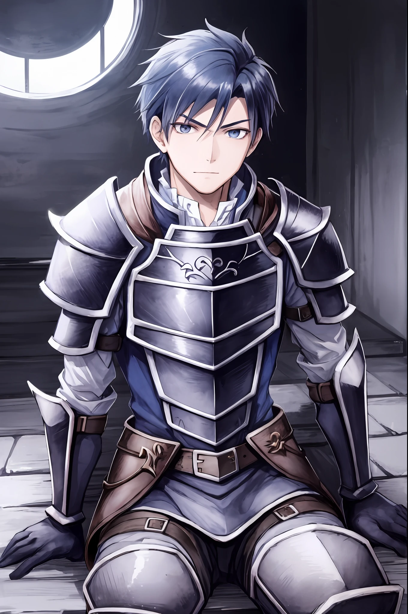 Hector Fey, 独奏, looks at the viewer, Grimm,abhor, mitts, 1boy, Sit(Sit straddled),Male focus, capelet, Armour, Shoulder armor, Dari bawah