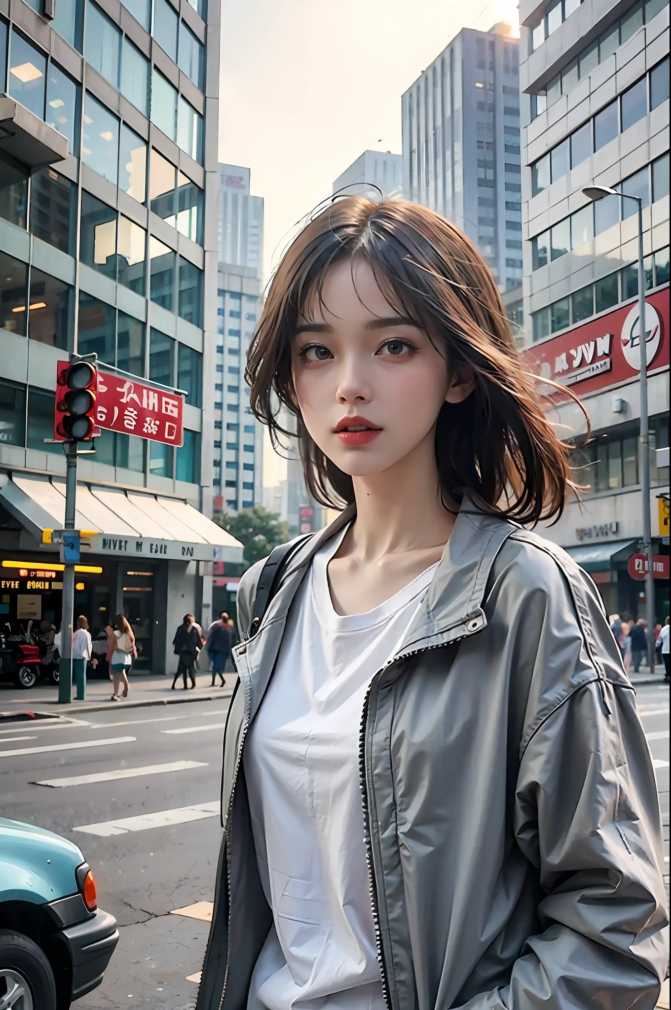 masterpiece, best quality, realistic:1.3, 1girl, cute, cityscape, street, cyberpunk, sunlight, backlighting, ((((hdr)))), intricate scene, artstation, intricate details, vignette, saigon vietnam in 1990, wet, professional lighting, photon mapping, radiosity, physically-based rendering, Nguyen Hue walking street, cyclo, antique car