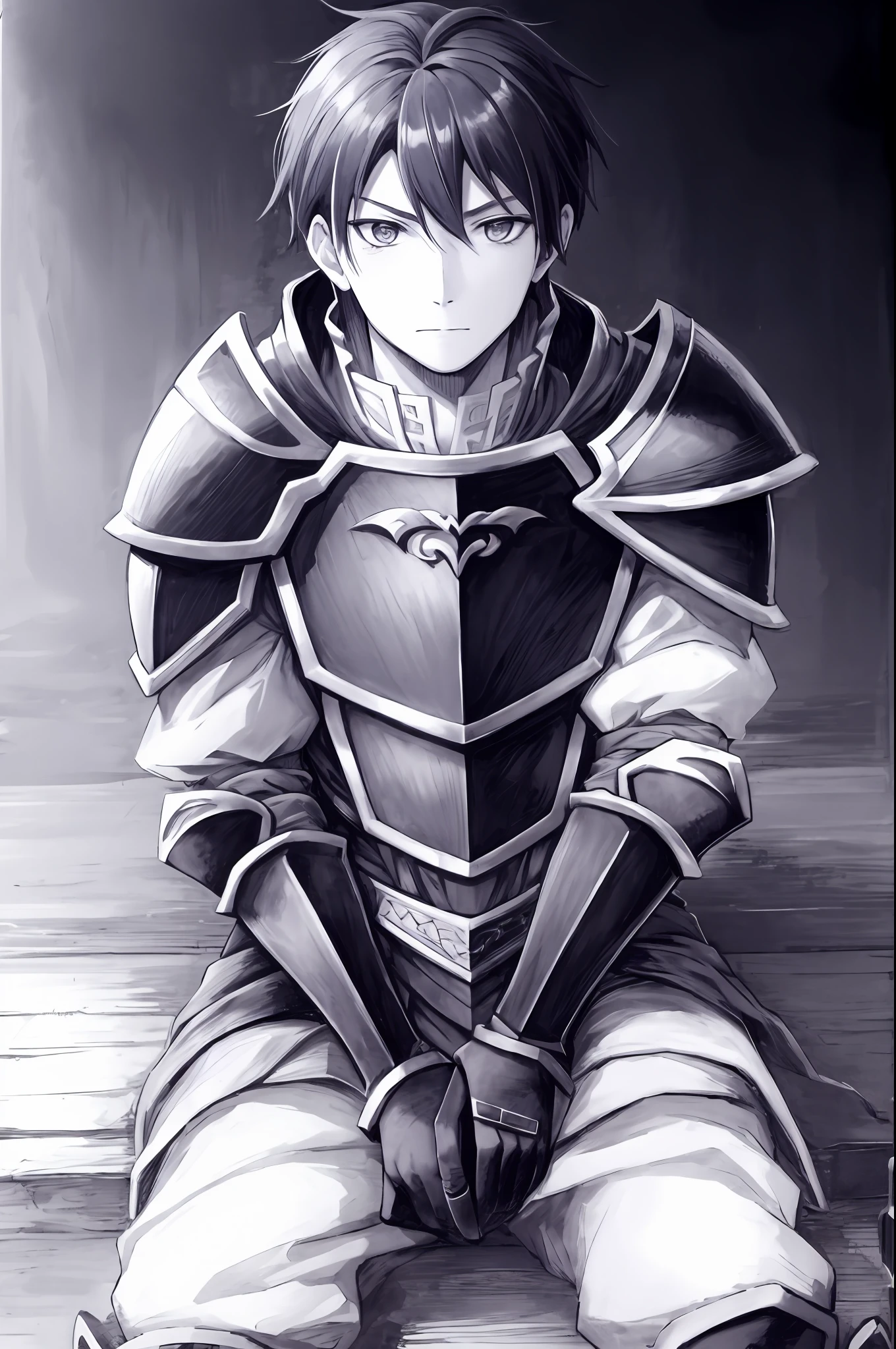 Hector Fey， 独奏， looks at the viewer， Grimm，abhor， mitts， 1boy， Sit（Sit straddled），Male focus， capelet， Armour， Shoulder armor， Dari bawah