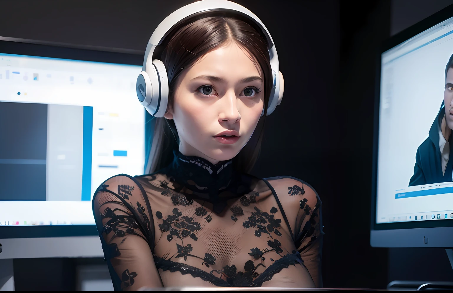 сложный 3D-рендер, ultra detailed beautiful porcelain android woman face, She holds the microphone like a DJ, zolotisní world,  robotic parts, 150 mm, Beautiful studio soft light, Edge light, Striking details, Luxury cyberpunk, lace, hyperrealistic, anatomical, facial muscles, cable, electrical wires, microchip, elegant, beautiful background, Octane imaging, стиль HR Giger, 8K, the best qualityt, The Masterpiece, llustration, Extremely thin and beautiful, Extremely detailed, CG, unity, wallpaper, (realisti, photo-realistic: 1,37), startling, Finely detailed, The Masterpiece, the best qualityt, offical art, extremely detailed wallpapers Computer graphics Unity 8K, Absurd, incredibly absurd, robot, Silver helmet, The whole body, sedentary
