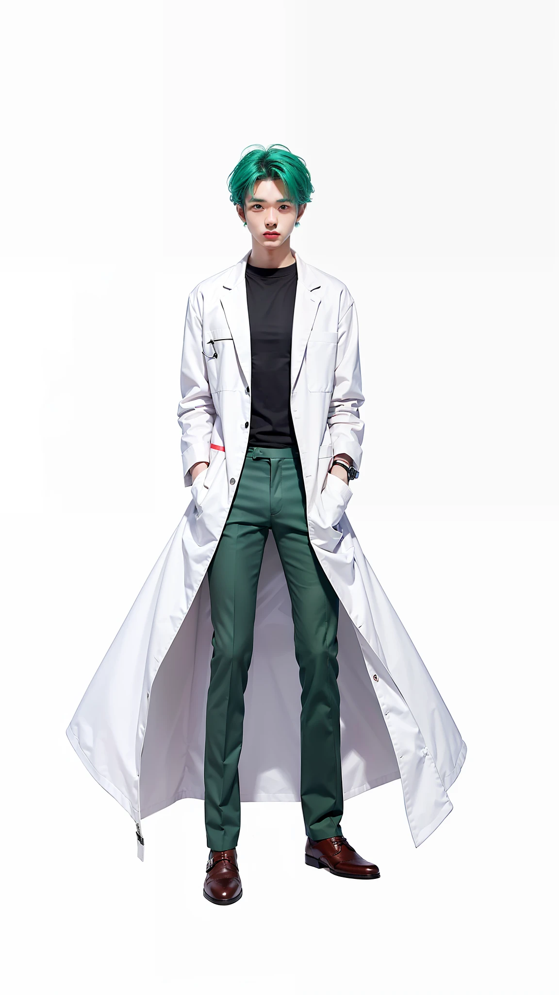 1men, handsome, green-turquoise hair, black t-shirt, black long pants, white coat laboratory, scientist, brown shoes