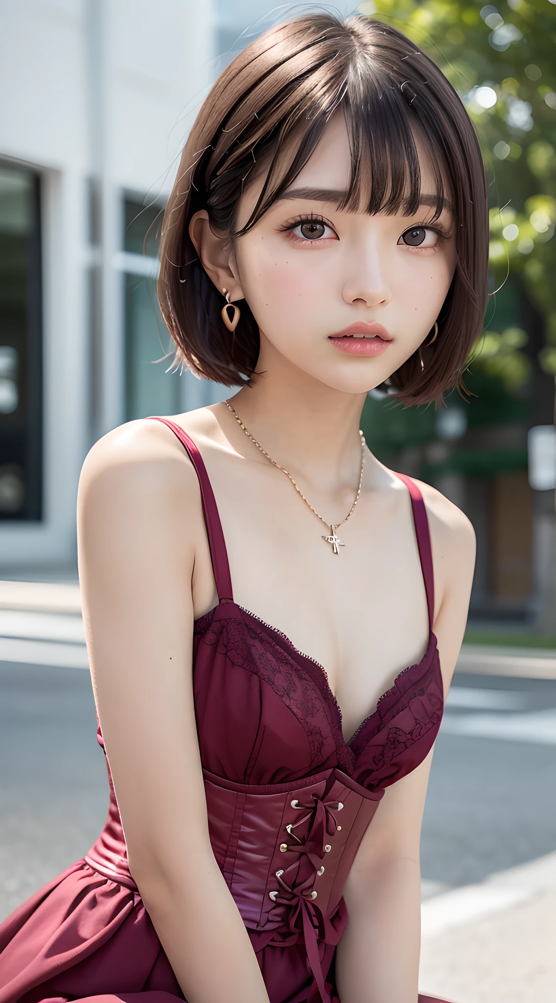 masterpiece, best quality, (short hair, bangs, close up:1.5), hykwgl, raw photo, absurdres, delicate girl, (beautiful face, looking at viewer, sophisticated, side shot:1.4), arch back, 18yo, 8k, DSLR, (street, corset peplum top, skirt, dark red eyeshadow, redish pink lips:1.2), bokeh, large breasts, (thin arms, thin waist:1.2), high detailed skin, necklace, bracelet, earrings, facelight, crisp lighting, clear lighting, film grain, chromatic aberration, simple background