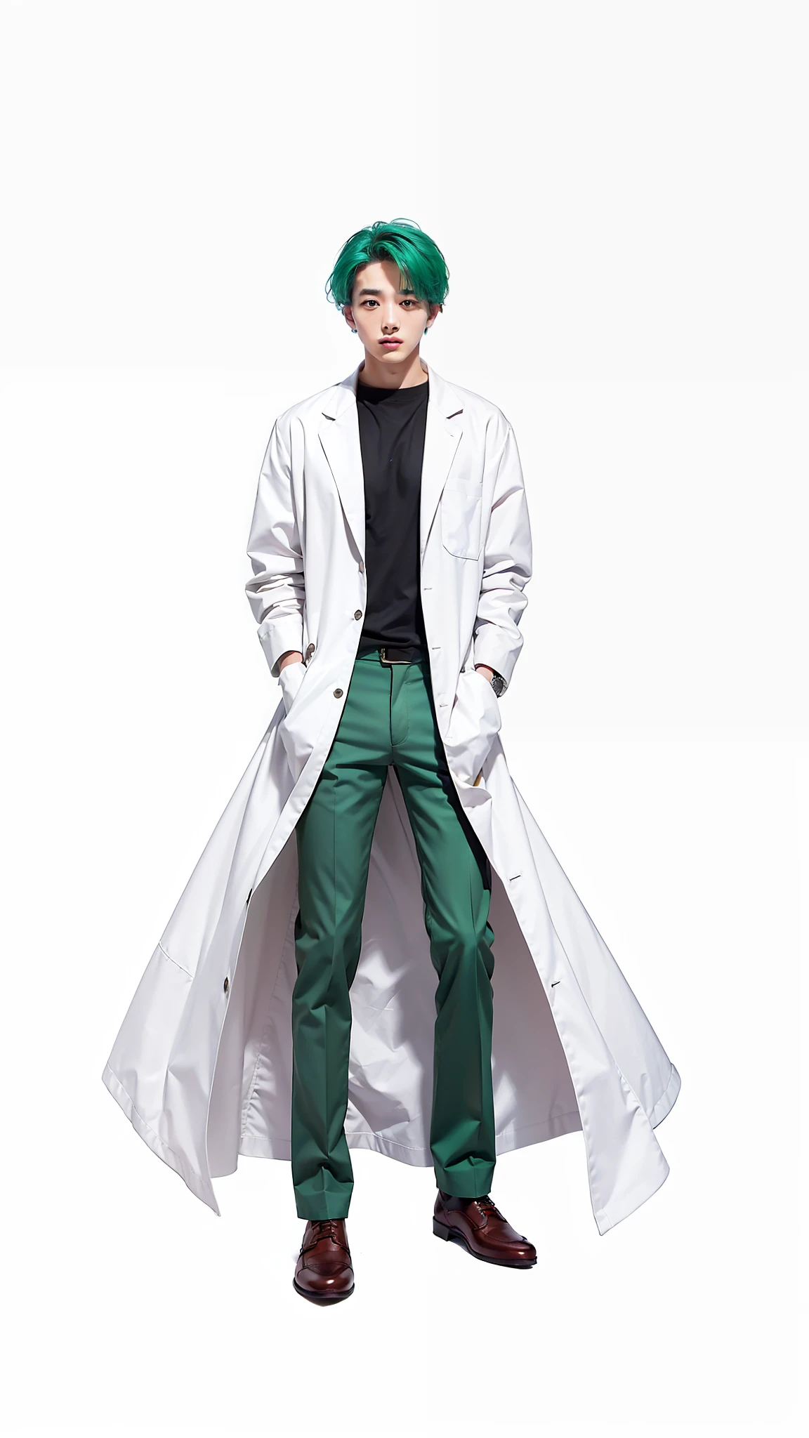 1men, handsome, green-turquoise hair, black t-shirt, black long pants, white coat laboratory, scientist, brown shoes