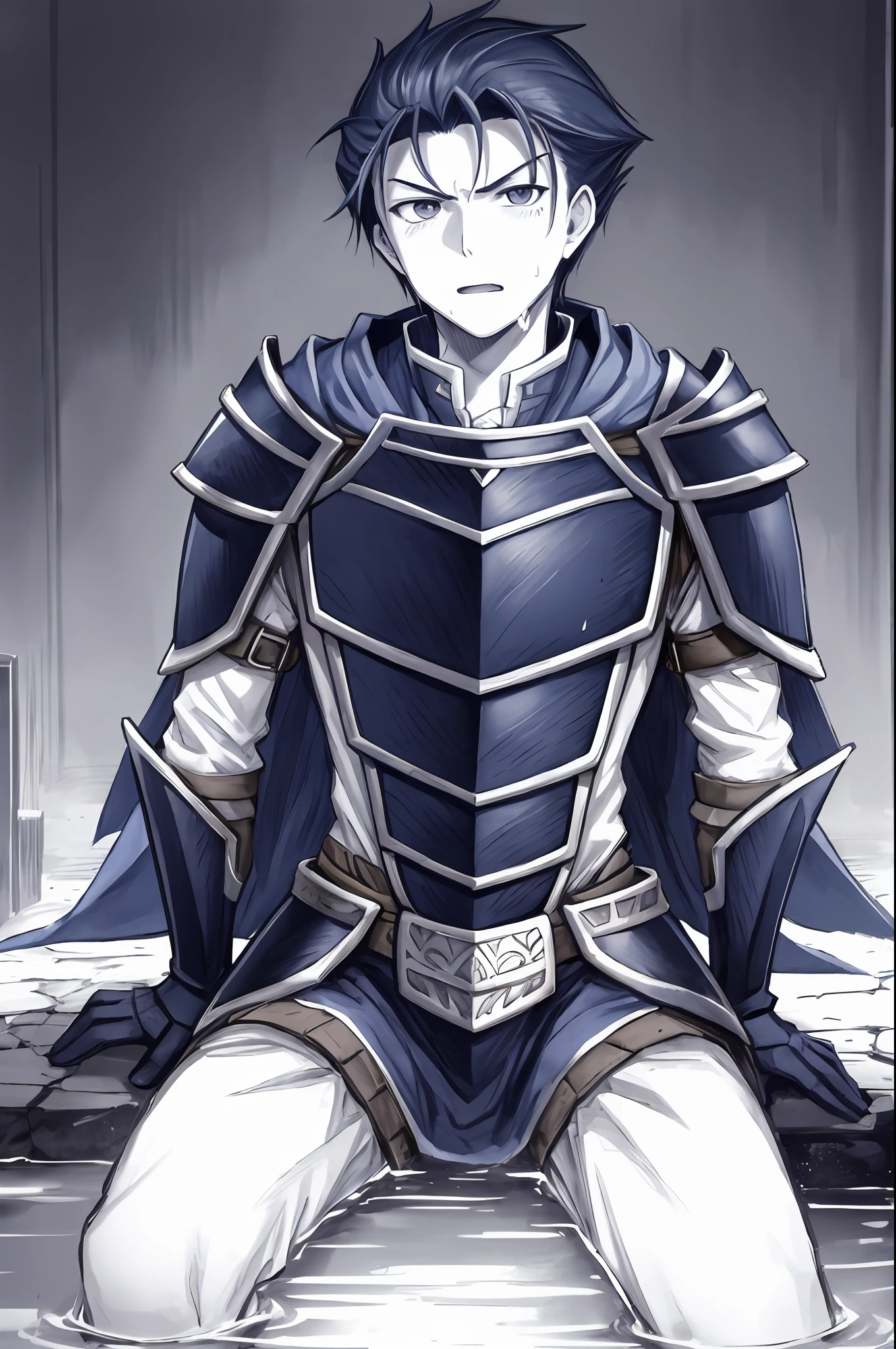 Hector Fey, 独奏, looks at the viewer, Grimm,Serious,abhor, Open your mouth,droolng,perspire,Drenched,Get wet,mitts, 1boys, Male focus, Sit straddled(Sit),Cloak, Armour, Shoulder armor, pov from below