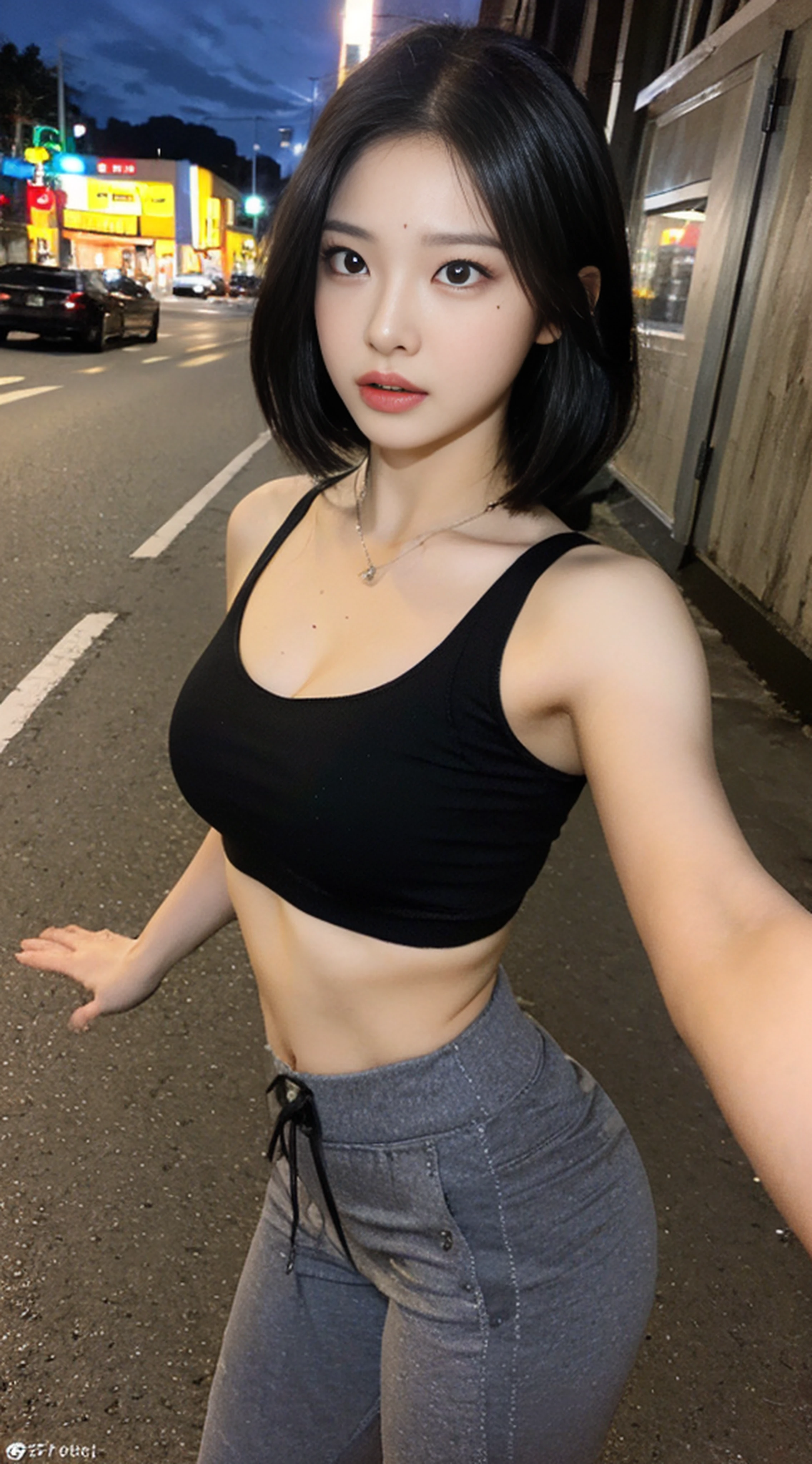 ((Realistic lighting, best qulity, 8K, The Masterpiece:1.3)), sharp fokus:1.2, 1girls, A beauty with a perfect figure:1.4, Slim abs:1.1, ((Dark brown hair)), (Sling sports bras:1.4）,Gray yoga pants，（out door，at nighttime：1.1），City Street，Ultra-fine face，Fine eyes，Double eyelid，