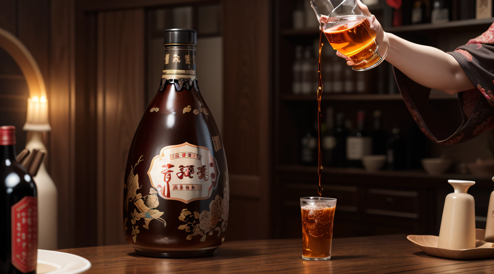 zhongguo. Baijiu，high-definition，Japanese style room，Wooden table，Retro，There is light，8K，There was a woman holding a cup in her hand，Moutai，Small wine cups Don't show your face --auto