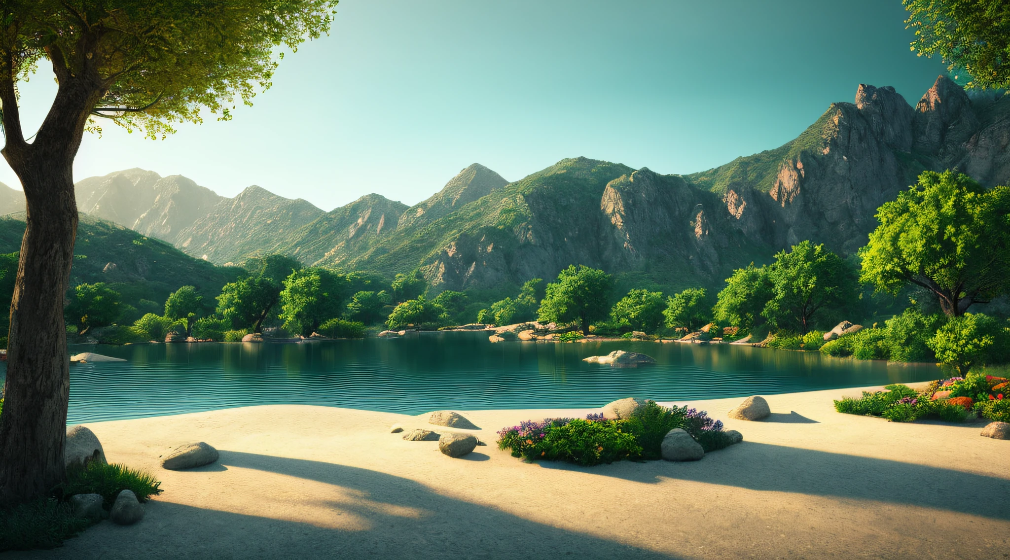 A serene place, very pleasant, beautiful, calm and beautifully landscaped. photorealistic, 8k uhd, studio quality, ultra realistic, maximum detail, large scale, postprocessing, photorealistic, photorealistic, photoshop, photography, detailed, cinematic lighting, landscape, panorama, scenery, ray tracing, cinema4d