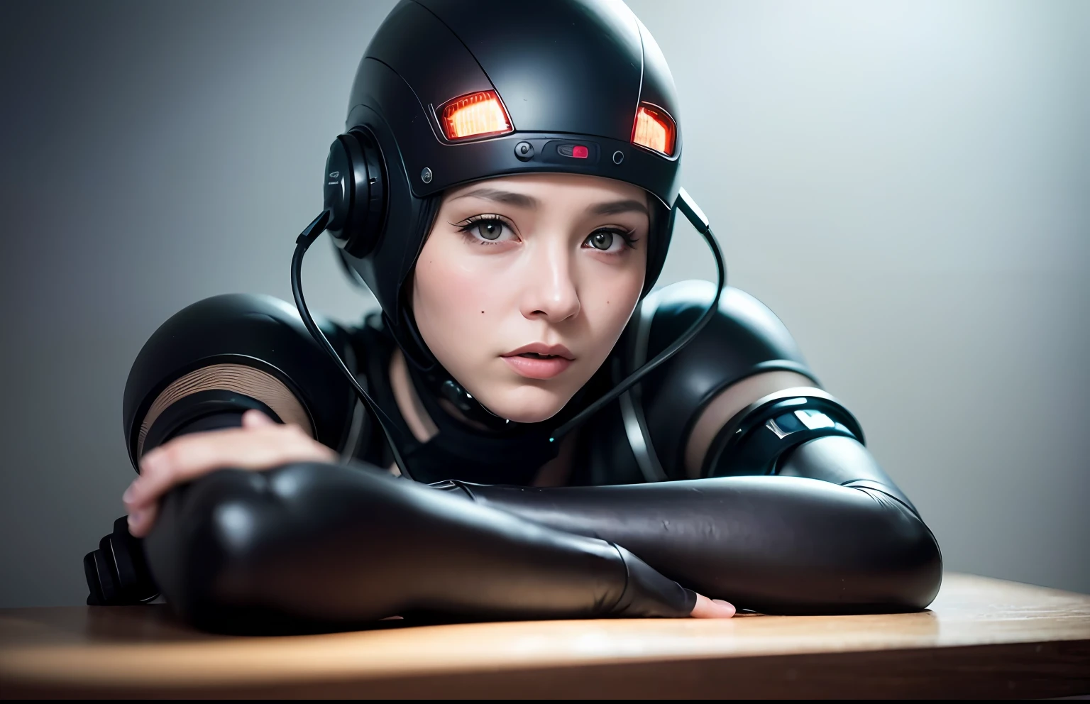 сложный 3D-рендер, ultra detailed beautiful porcelain android woman face, She holds the microphone like a DJ, zolotisní world, robotic parts, 150 mm, Beautiful studio soft light, Edge light, Striking details, Luxury cyberpunk, lace, hyperrealistic, anatomical, facial muscles, cable, electrical wires, microchip, elegant, beautiful background, Octane imaging, стиль HR Giger, 8K, the best qualityt, The Masterpiece, llustration, Extremely thin and beautiful, Extremely detailed, CG, unity, wallpaper, (realisti, photo-realistic: 1,37), startling, Finely detailed, The Masterpiece, the best qualityt, offical art, extremely detailed wallpapers Computer graphics Unity 8K, Absurd, incredibly absurd, robot, Silver helmet, The whole body, sedentary