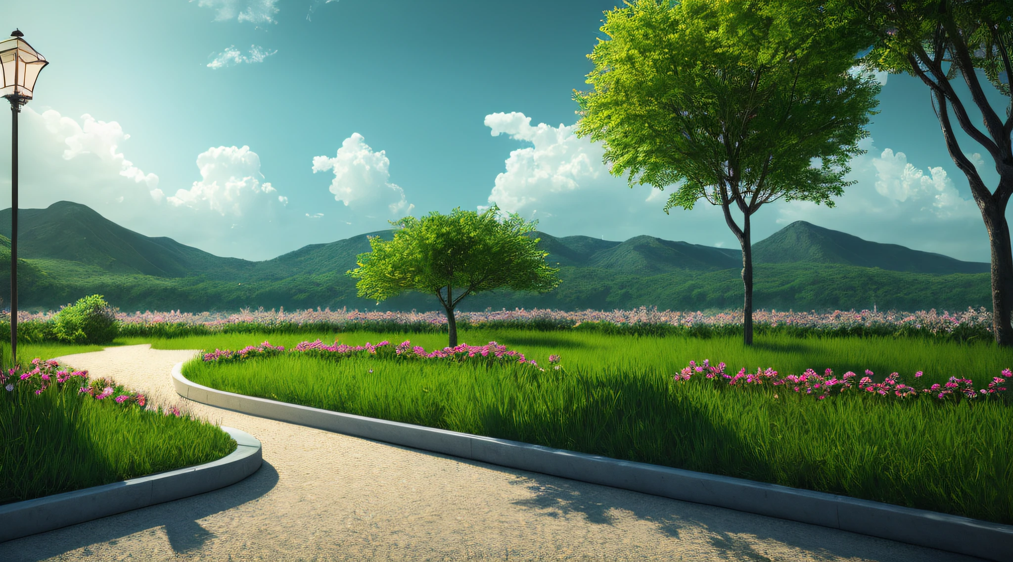 A serene place, very pleasant, beautiful, calm and beautifully landscaped. photorealistic, 8k uhd, studio quality, ultra realistic, maximum detail, large scale, postprocessing, photorealistic, photorealistic, photoshop, photography, detailed, cinematic lighting, landscape, panorama, scenery, ray tracing, cinema4d