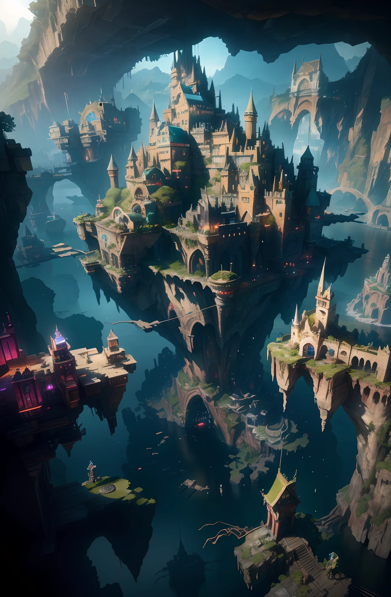 a picture taken from a video game of a castle on a cliff, 4k highly detailed digital art, 8 k high detail concept art, fantasy matte painting，kawaii, Unreal Engine fantasy art, detailed fantasy digital art, mountain fortress city, Detailed 4K concept art, fantasy city background, detailed digital 2d fantasy art, 2. 5 D CGI anime fantasy artwork，(8K, OriginalPhotographs, Best quality, masterpiece:1.2), (Realistic, photo-realistic:1.37), octane rendered, ultra-highresolution, Ultra-detailed , Professional lighting, Photonic mapping, radiosity, Physically-based rendering, UE5, ((Island sanctuary)), ((ancient fallen kingdom)), ((reflection in water)), ((raytraced)), ((drowned city)), (Depth of field), landscape,Cyber style